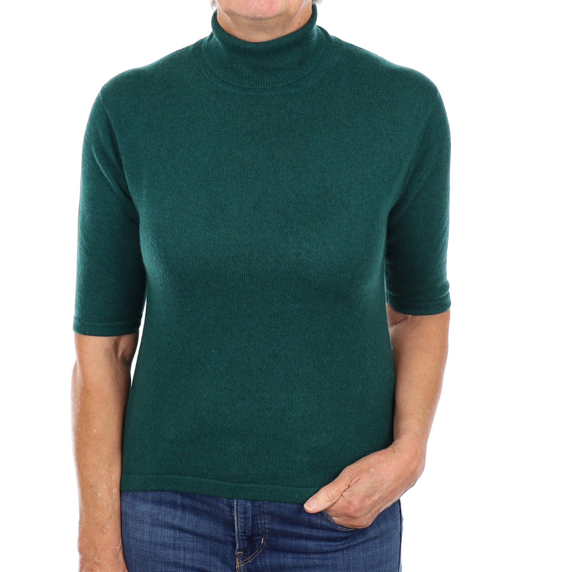 Forest Green Cashmere Short Sleeved Polo Neck Jumper Medium