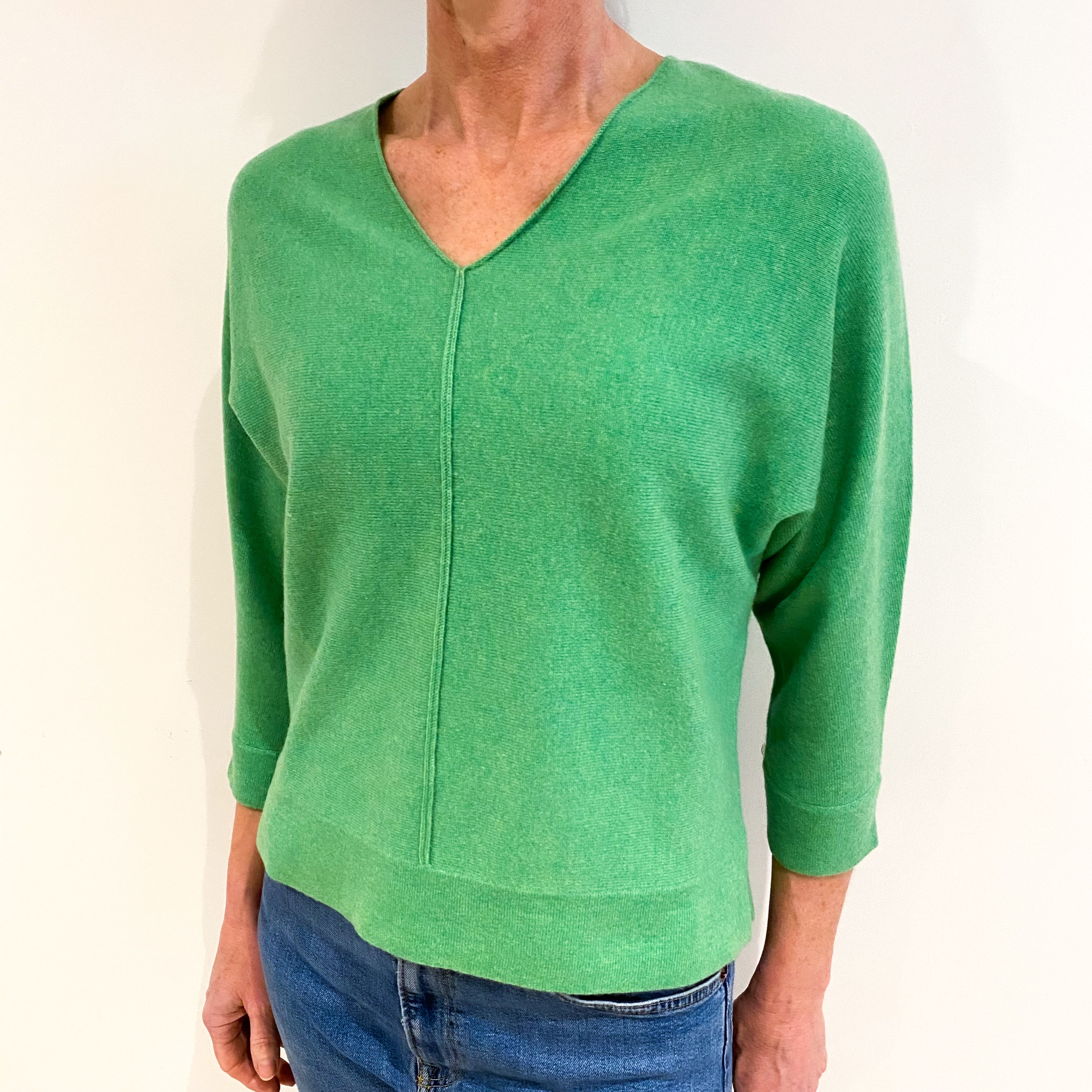 Kelly Green Cashmere V Neck Jumper Small