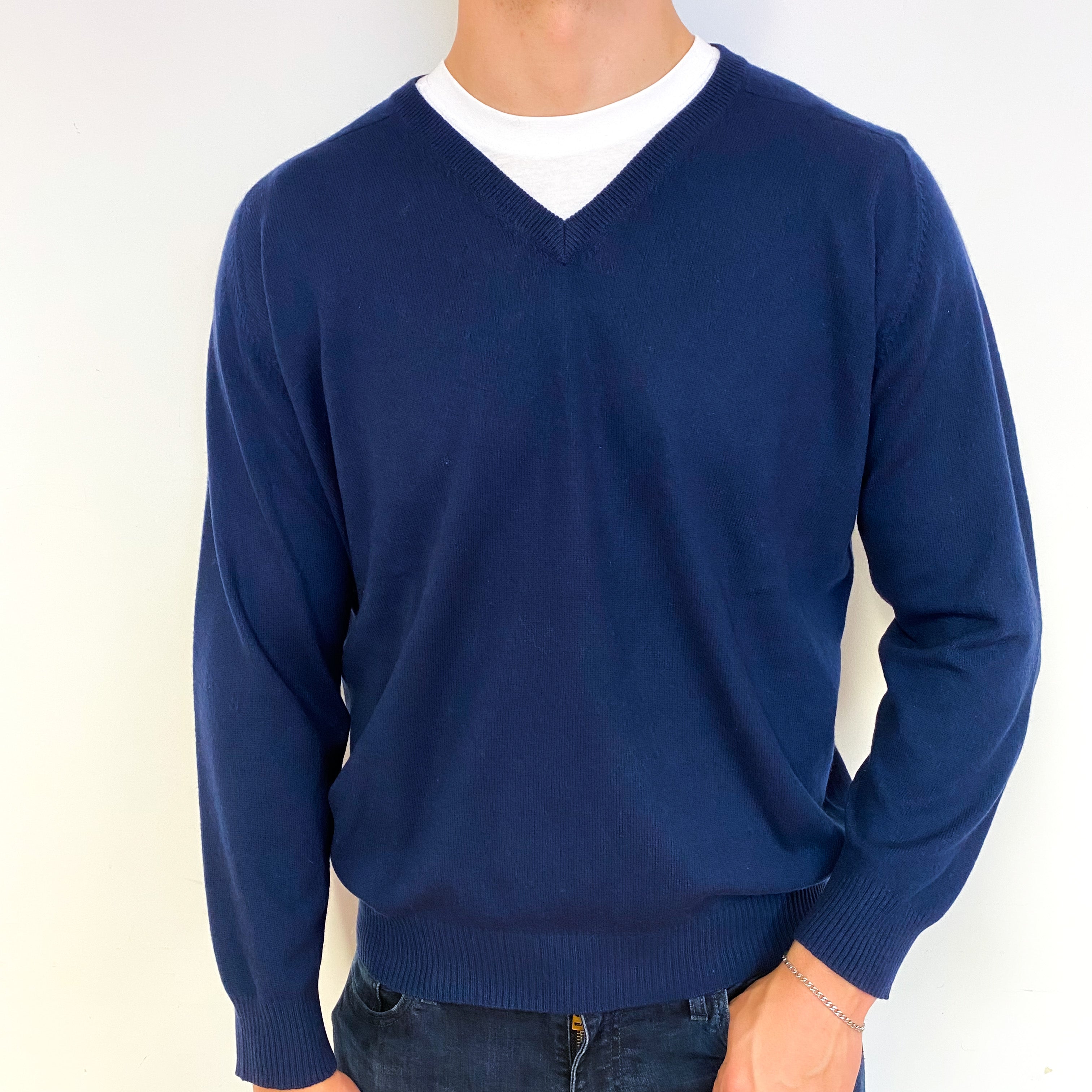 Men's Dark Navy Blue Cashmere V-Neck Jumper Extra Extra Large