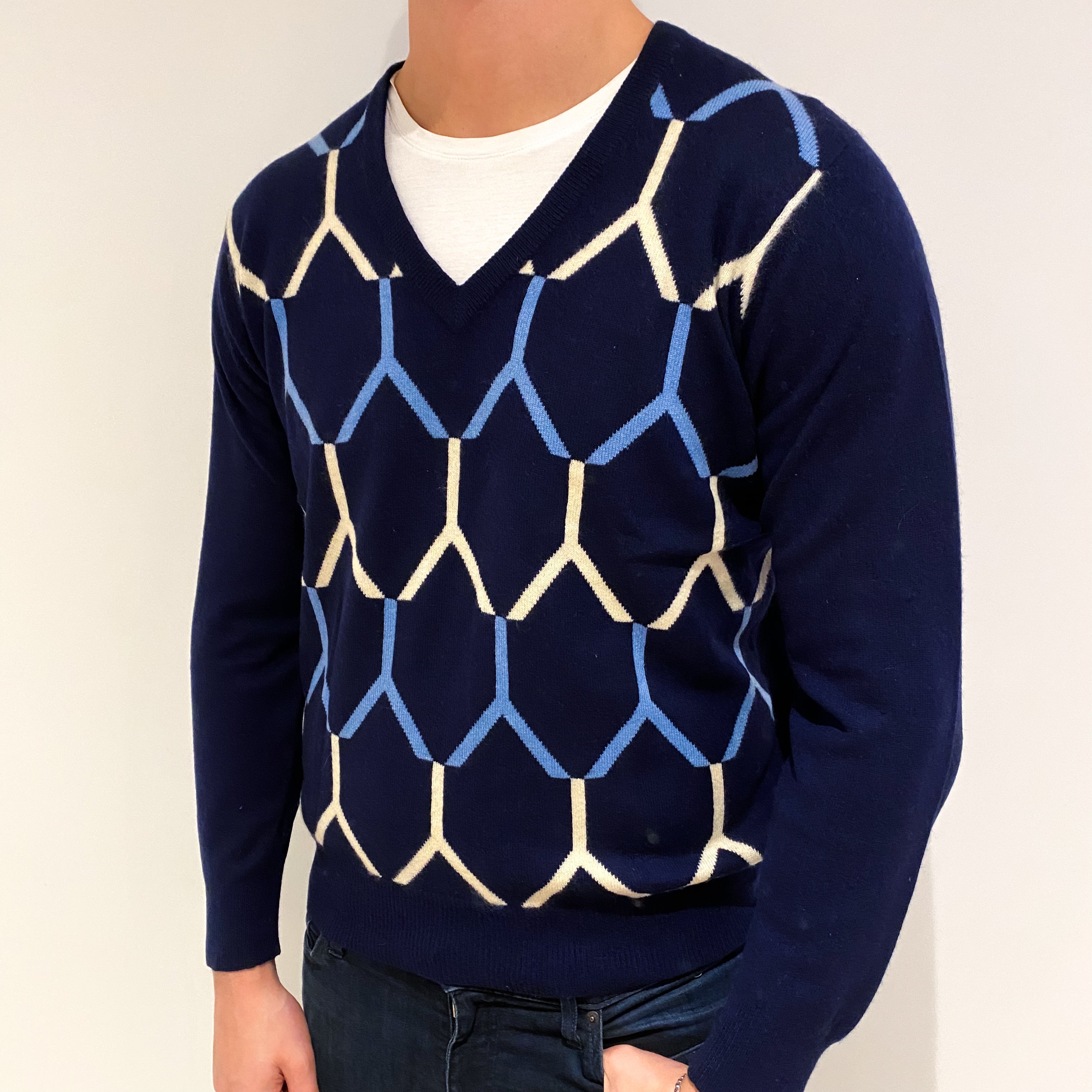 Men's Navy Patterned Cashmere V Neck Jumper XL
