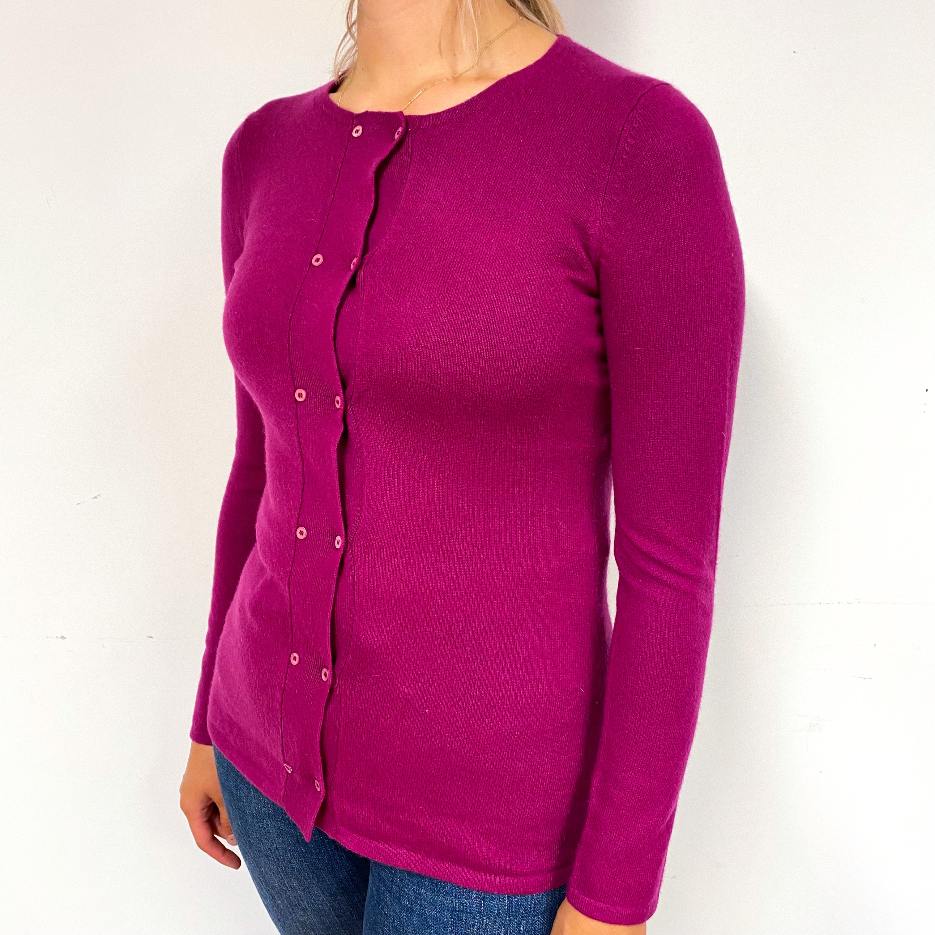 Deep Magenta Purple Cashmere Crew Neck Cardigan Small