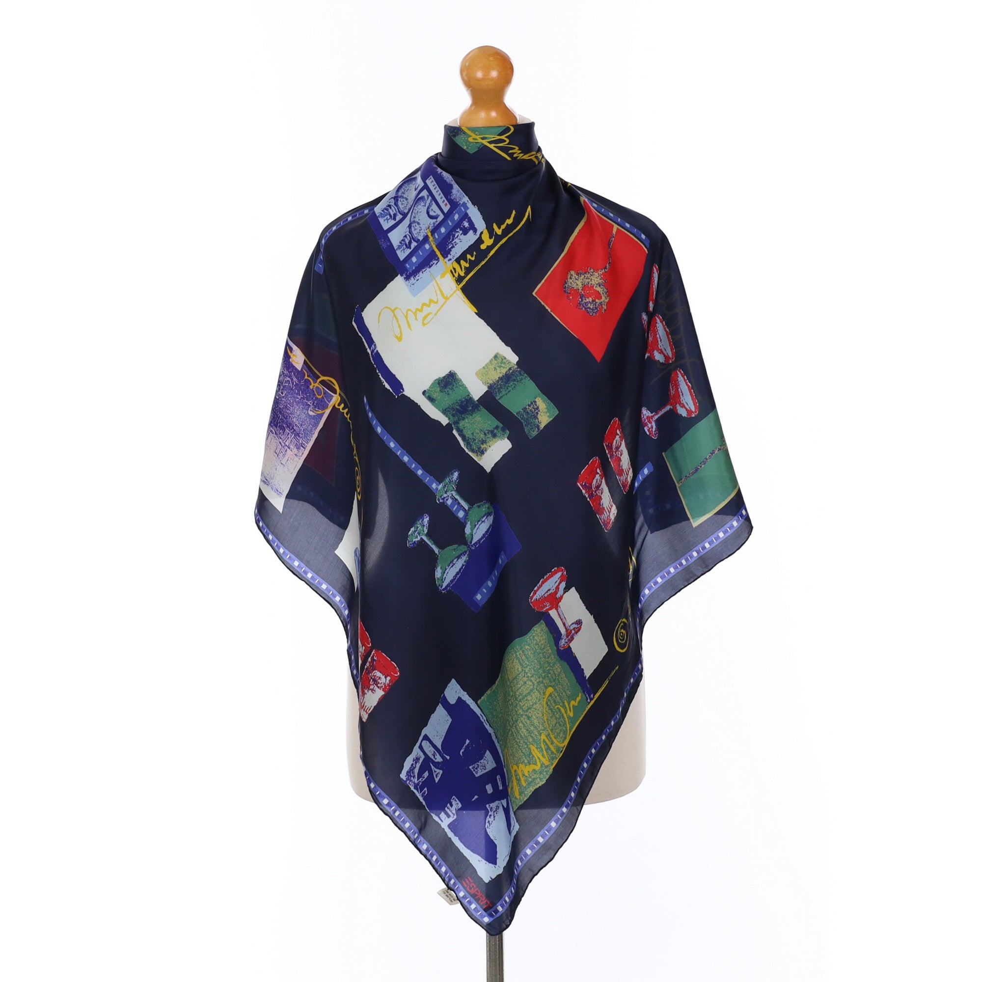 Esprit Navy Blue Patterned Vintage Silk Scarf