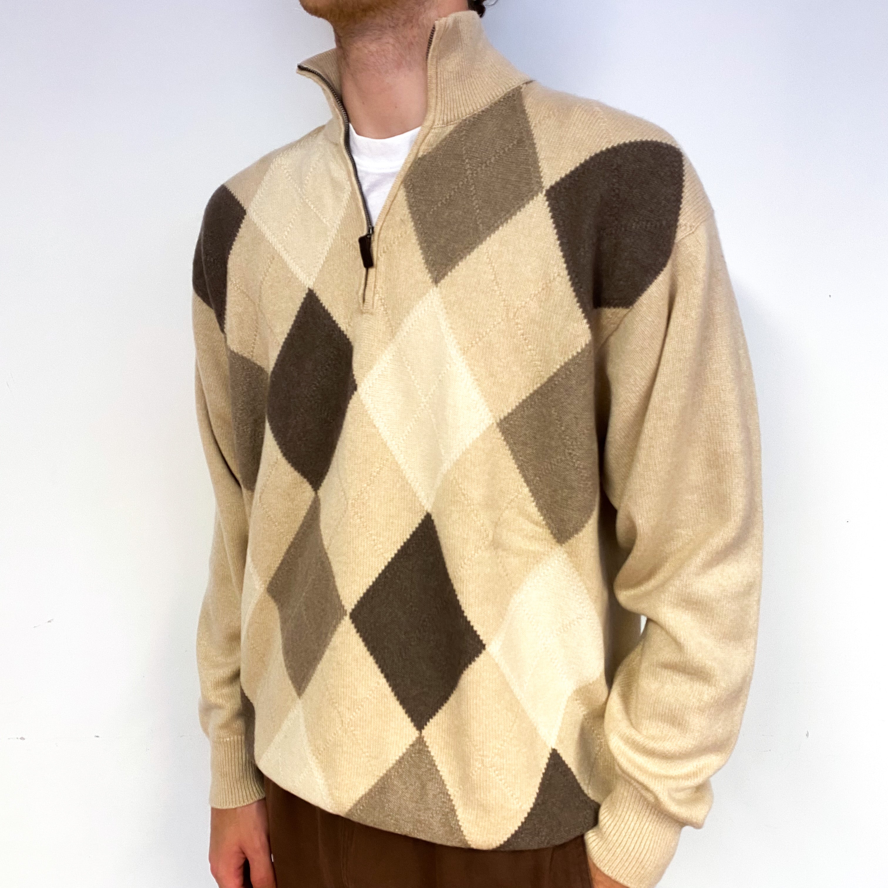 Men's Scottish Beige Mocha Diamond Cashmere 1/4 Zip Jumper Large