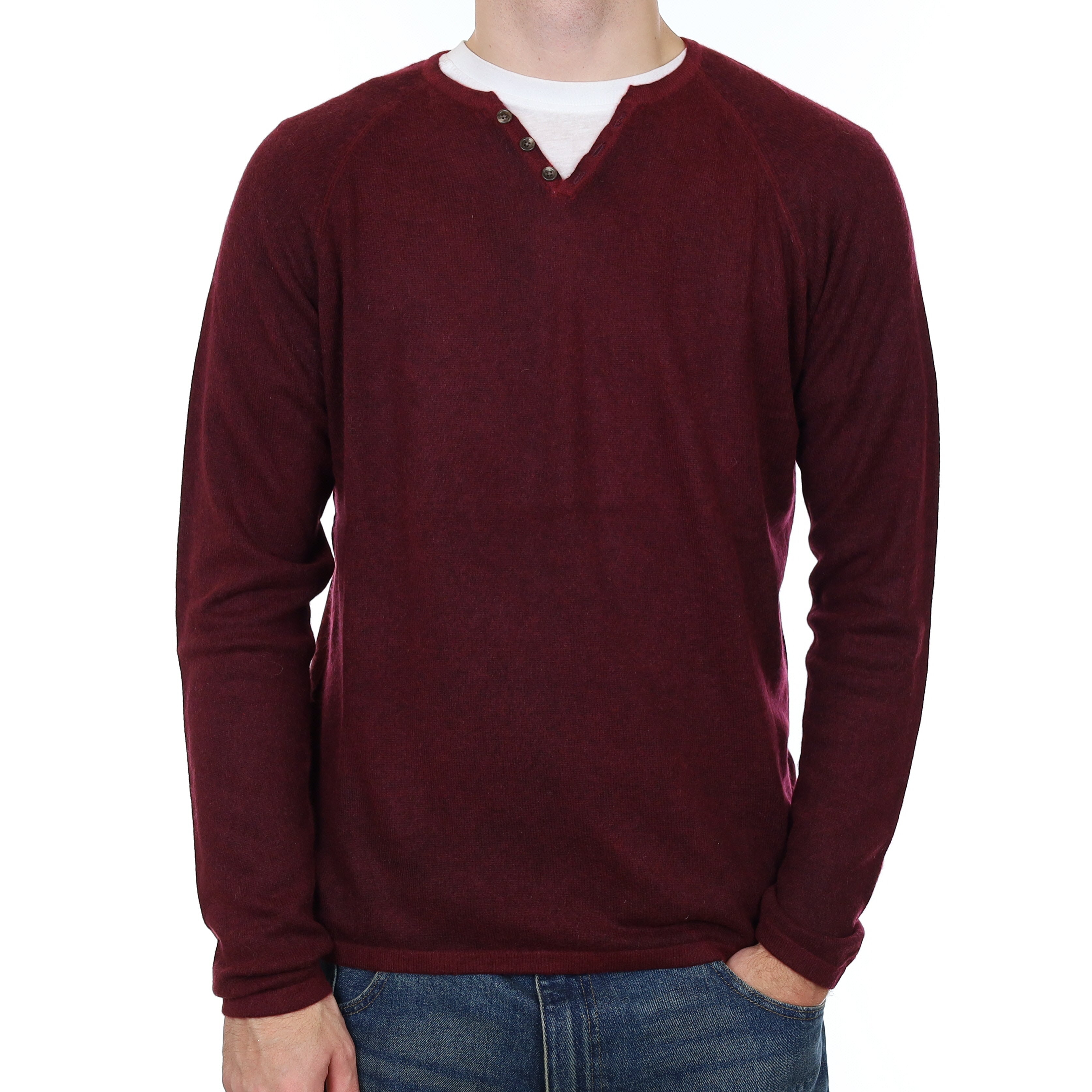 Men’s Raffi Mulberry Red Cashmere Buttoned V Neck Jumper Large