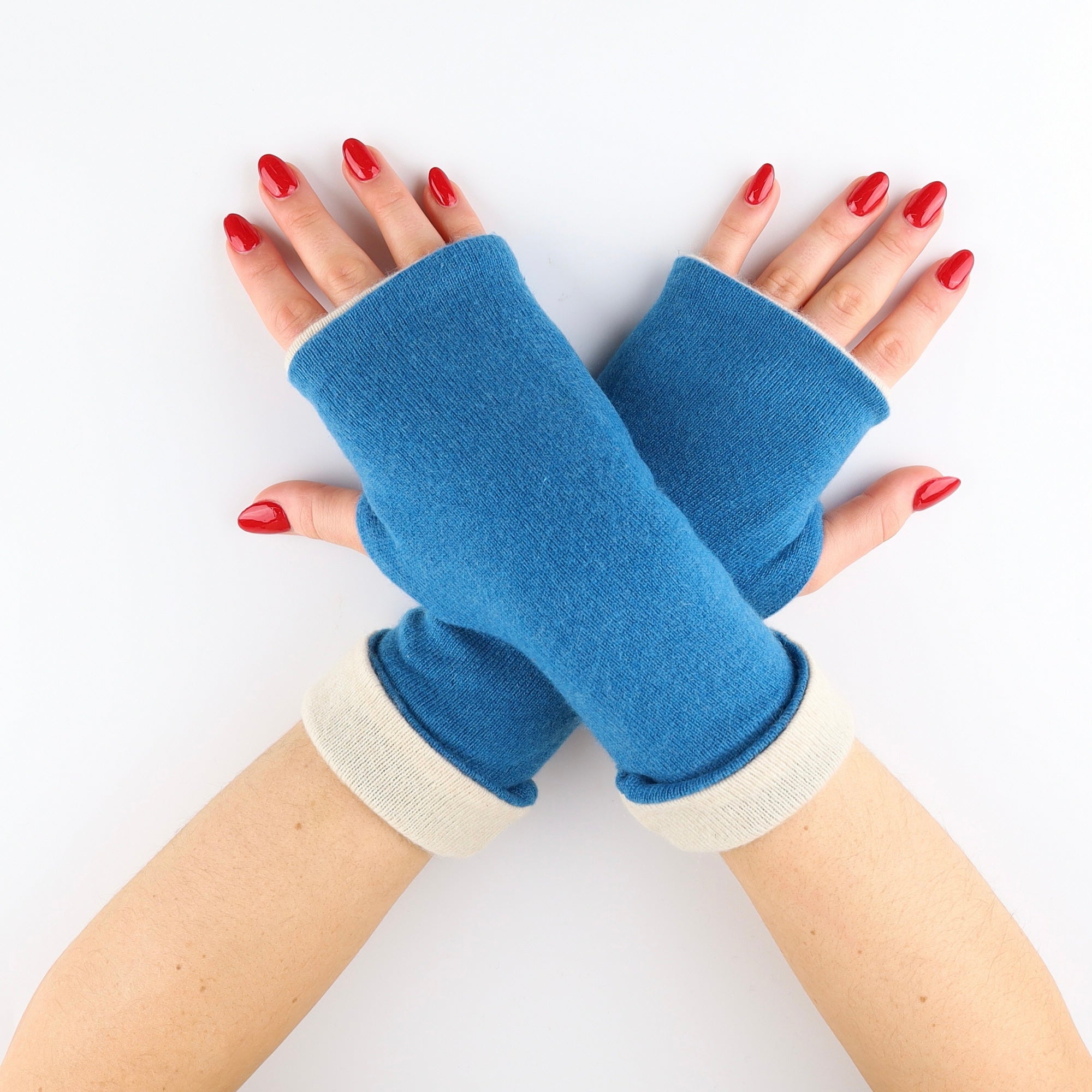 Peacock Blue and Cream Reversible Fingerless Gloves