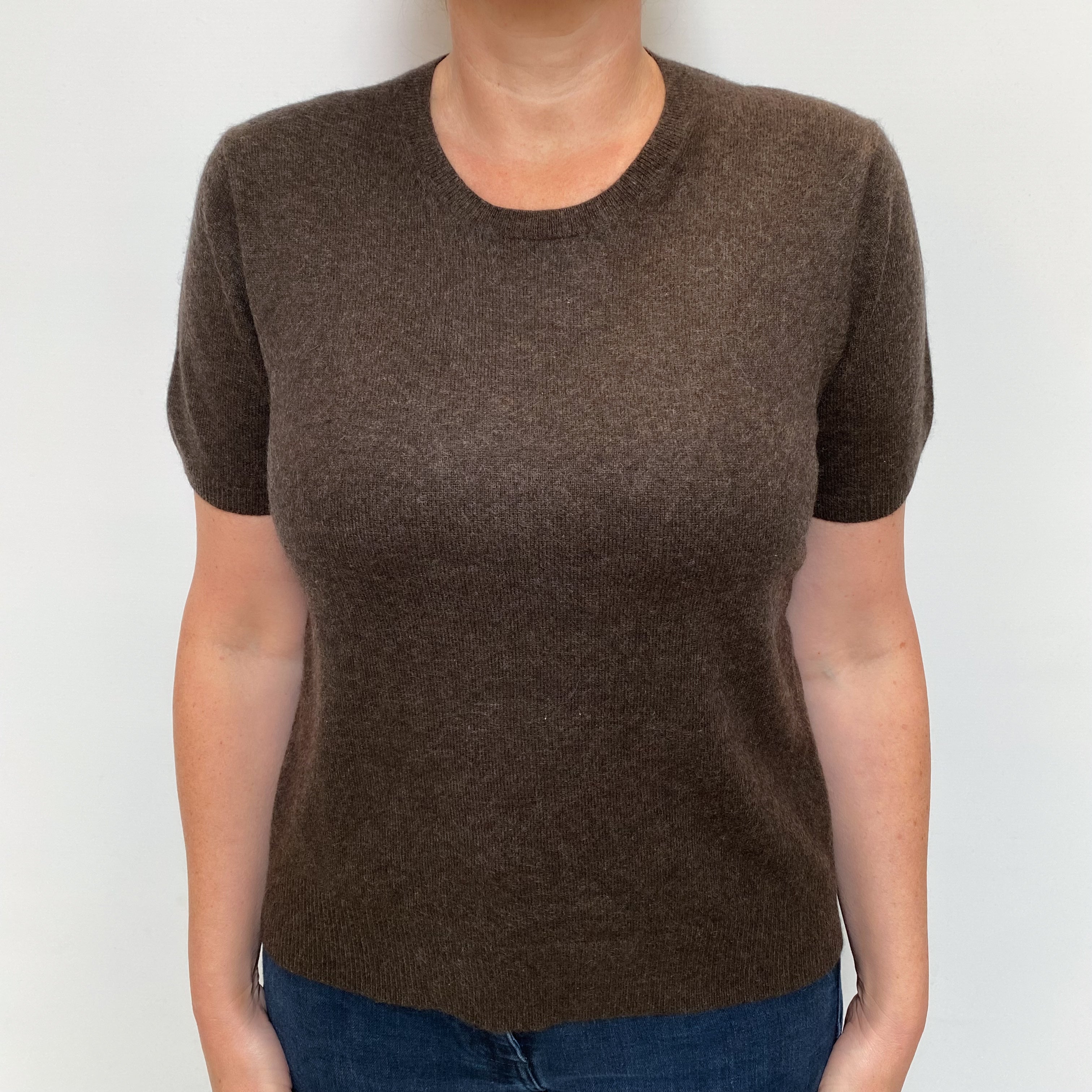 Peppercorn Brown Cashmere Short Sleeve Crew Neck Jumper Large