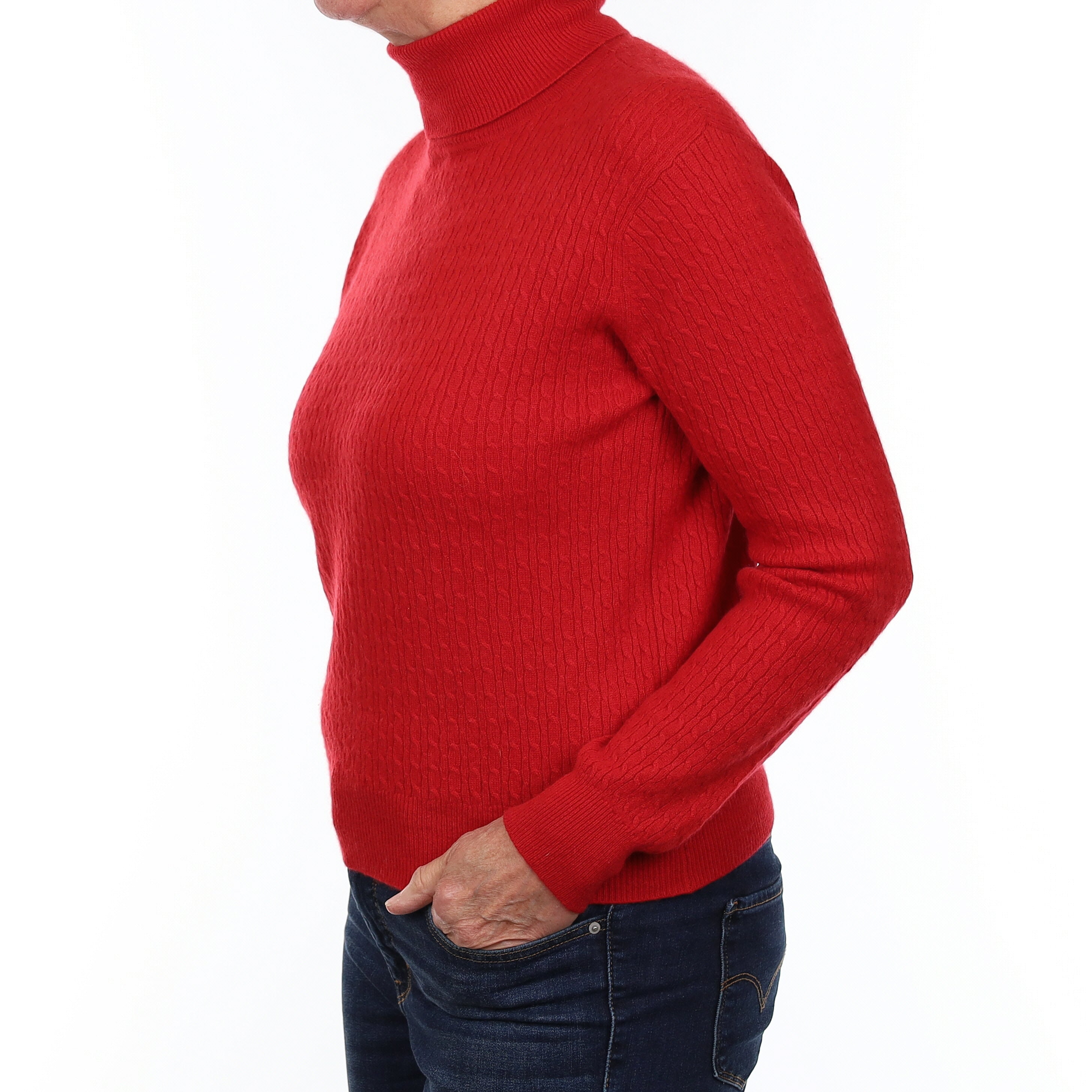 Scarlet Red Cable Cashmere Polo Neck Jumper Medium