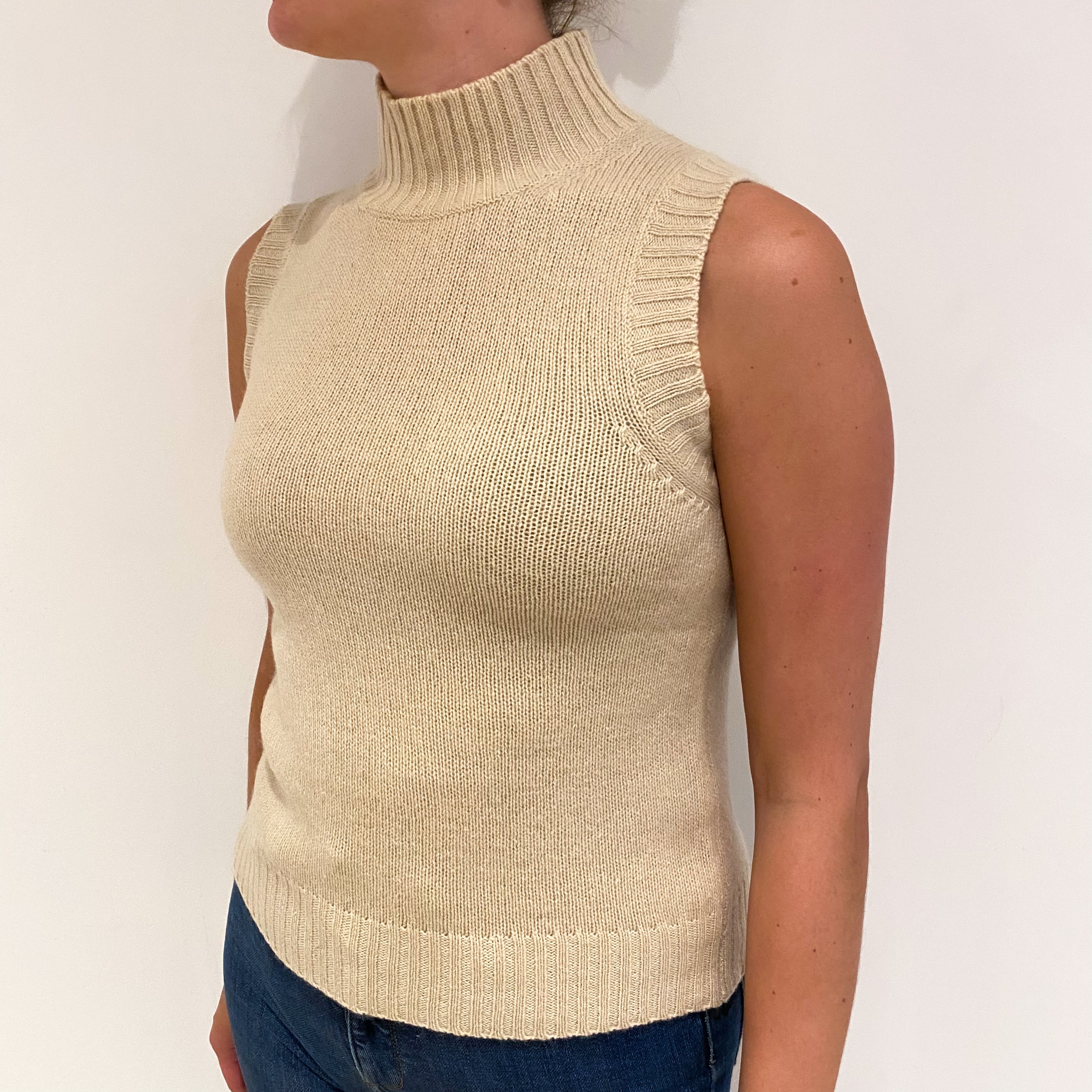 Oatmeal Beige Cashmere Turtle Neck Sleveless Jumper Small