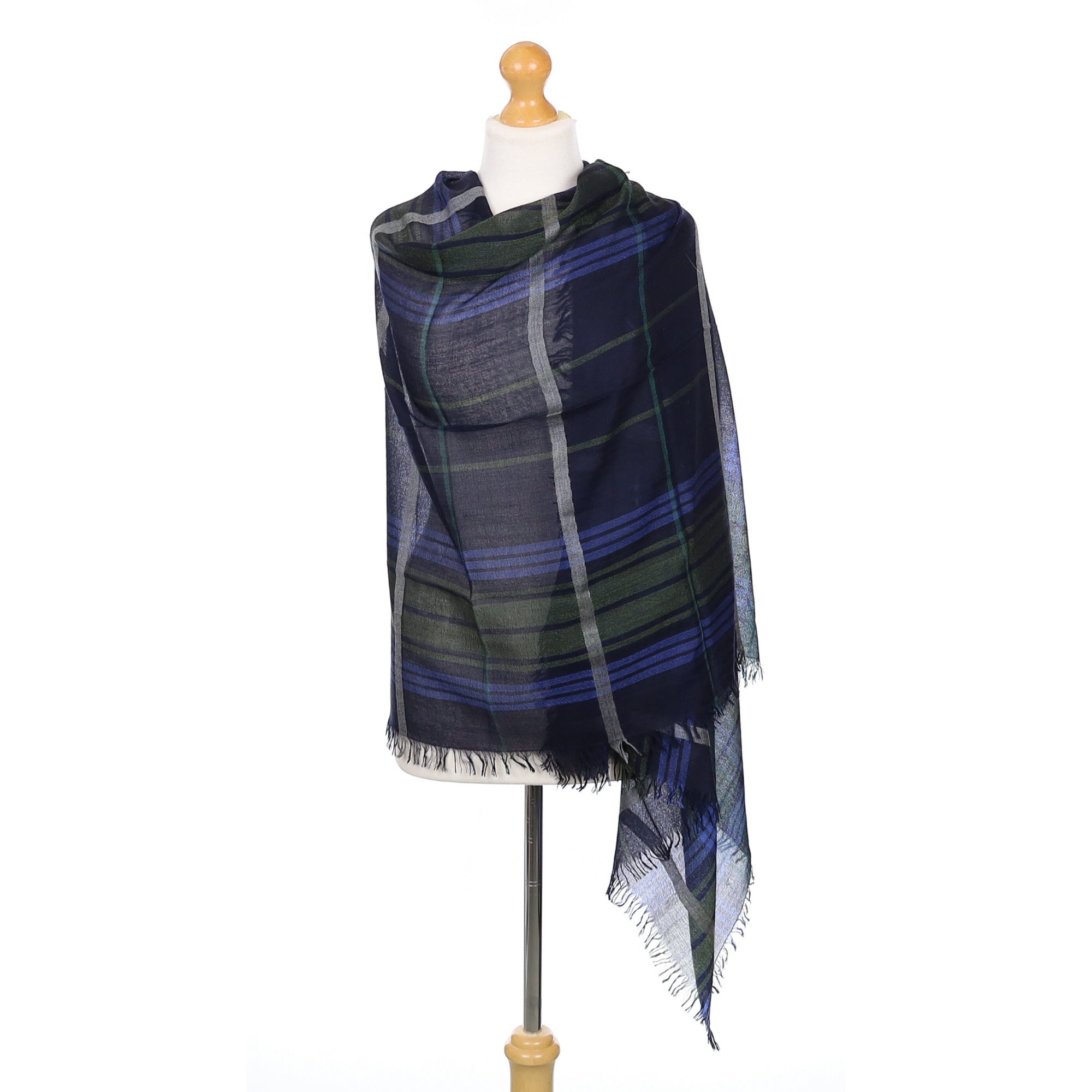 Scottish Begg & Co Navy and Khaki Green Checked Woven Cashmere & silk Wrap
