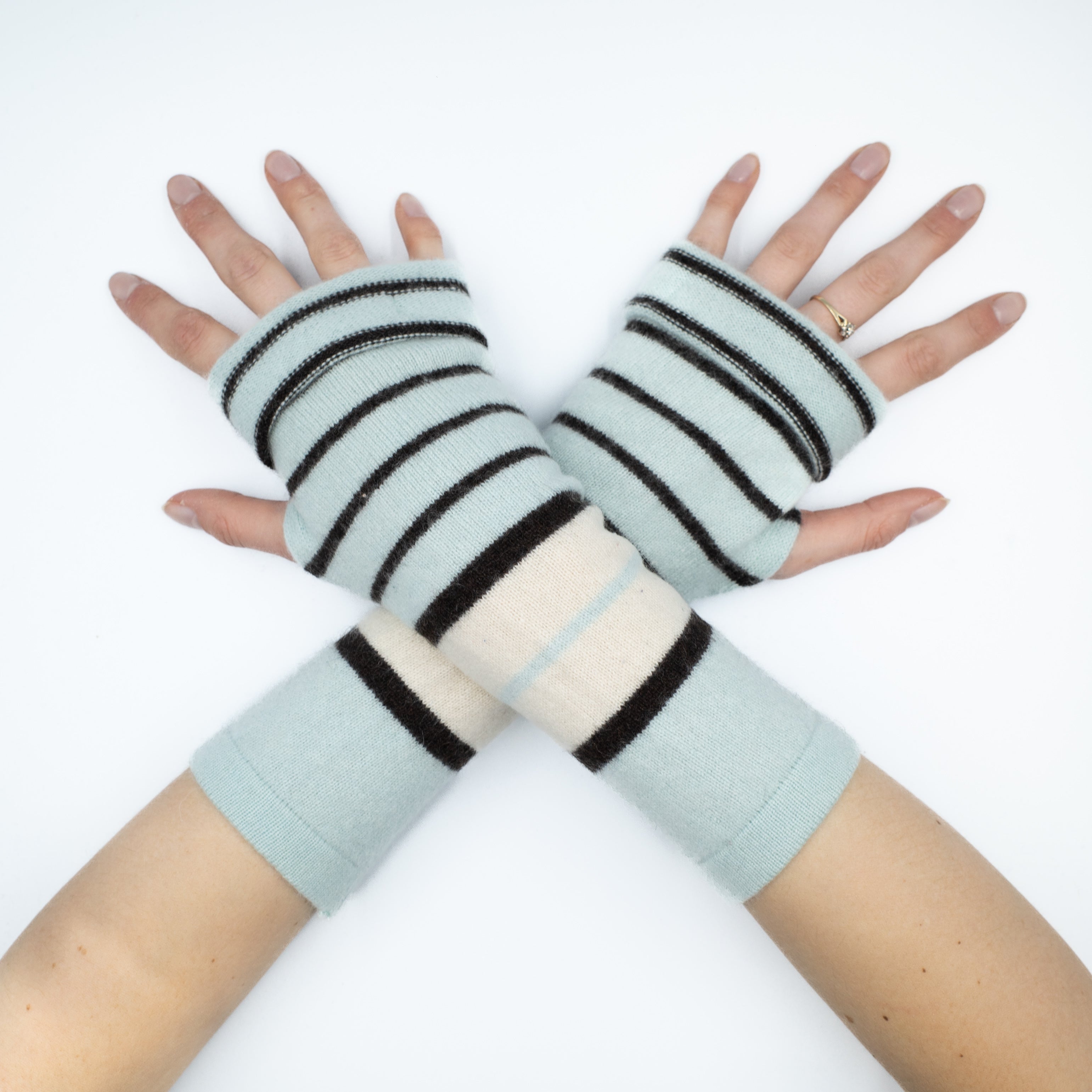 Aqua Blue and Cream Striped Fingerless Gloves