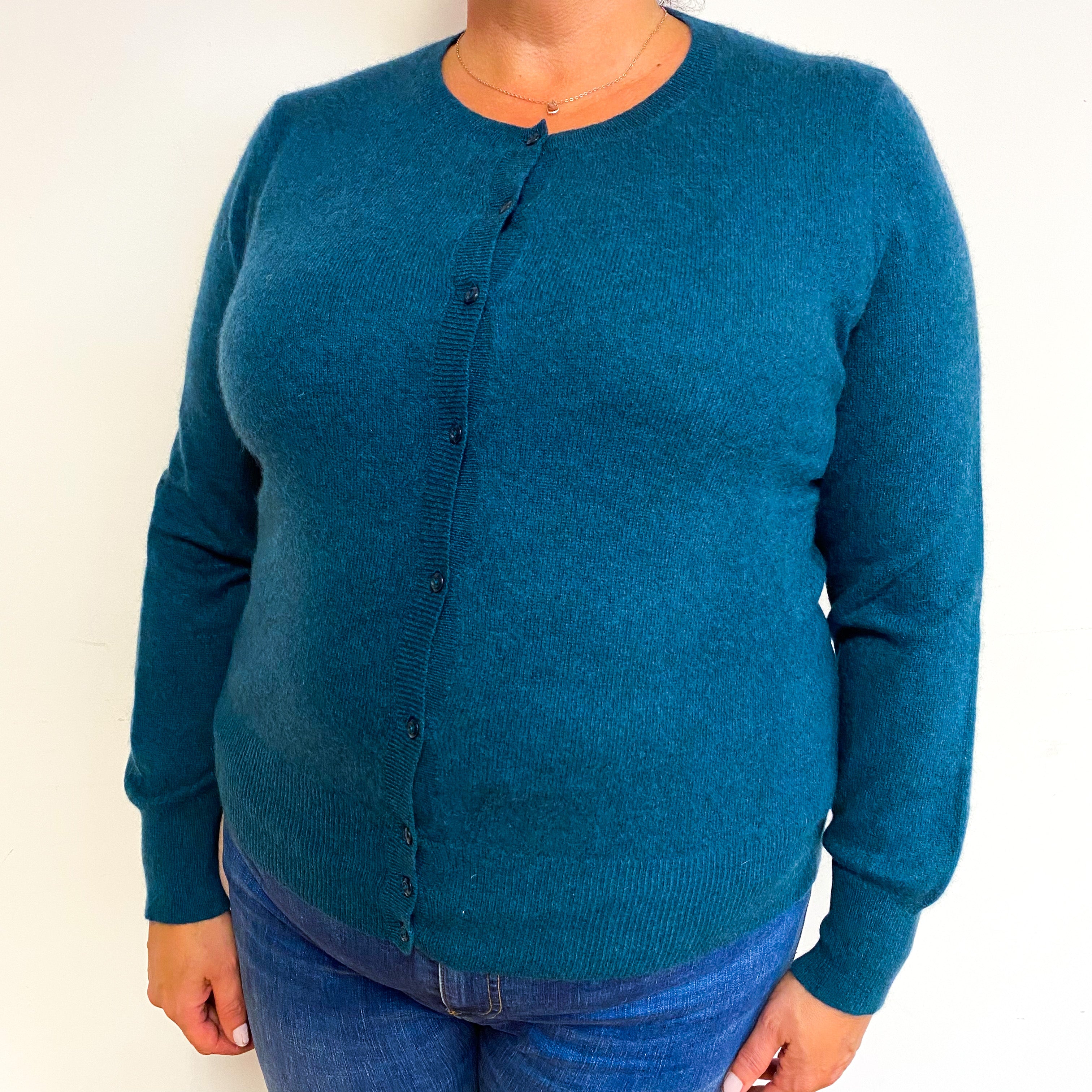 Teal Green Cashmere Crew Neck Cardigan Extra Large