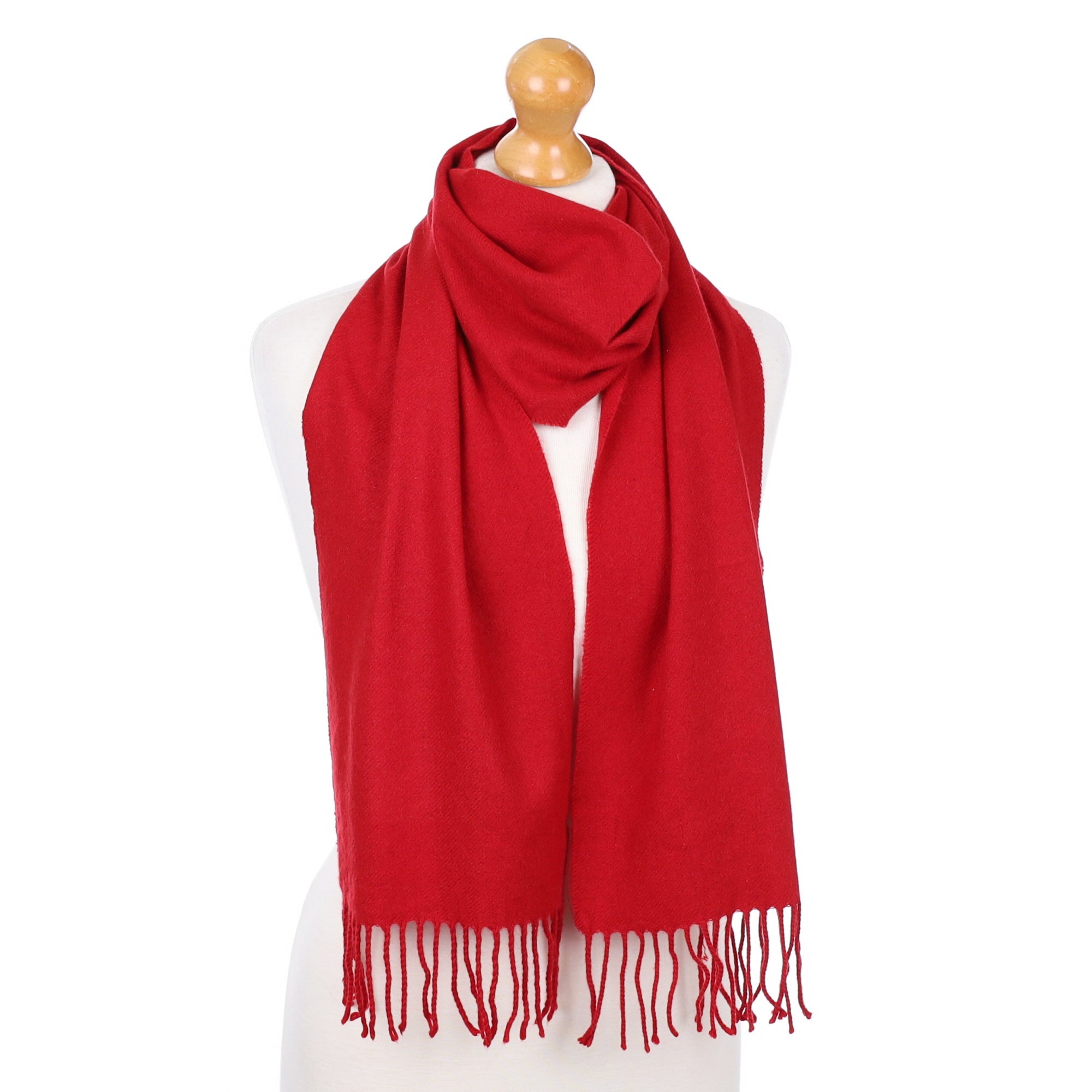 Berry Red Fringed Cashmere Woven Scarf