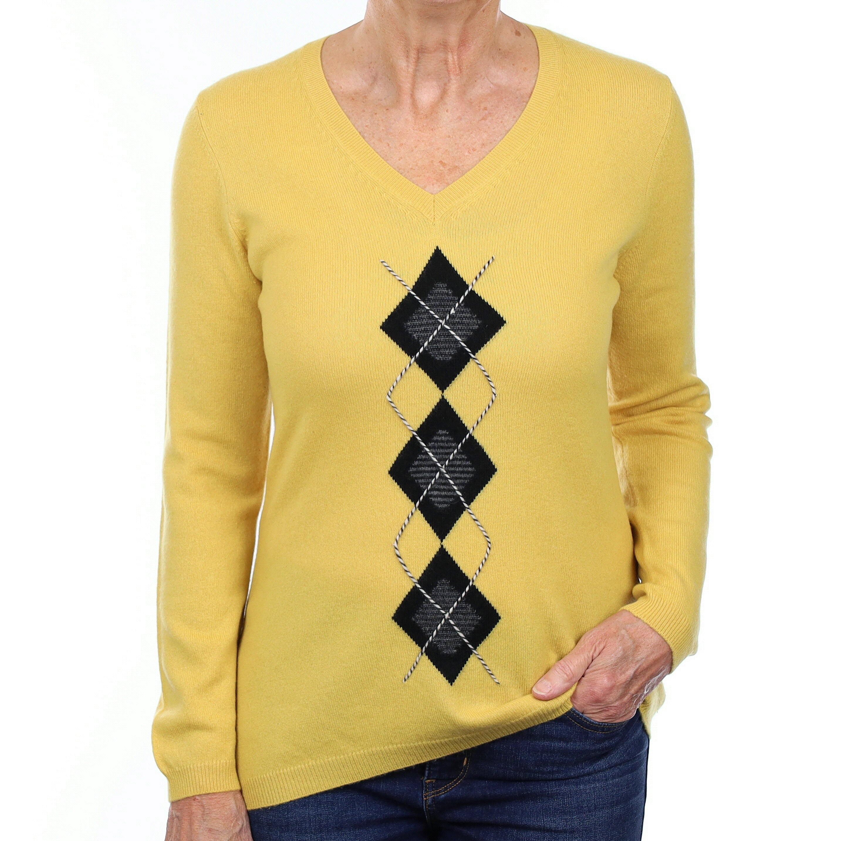 Pineapple Yellow Diamond Cashmere V Neck Jumper Medium