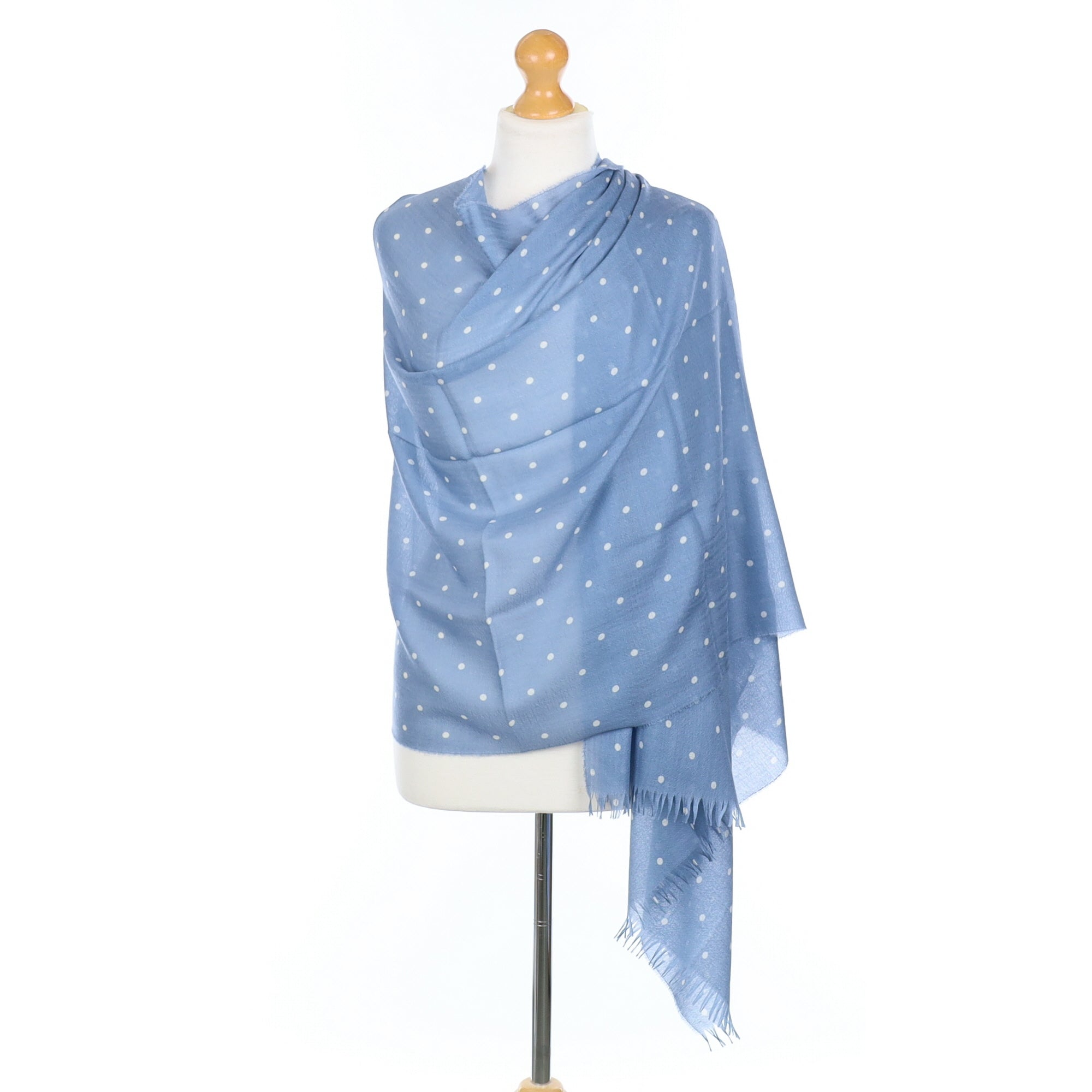 Scottish Begg & Co Denim Blue Polka Dot Fine Woven Cashmere & Silk Wrap