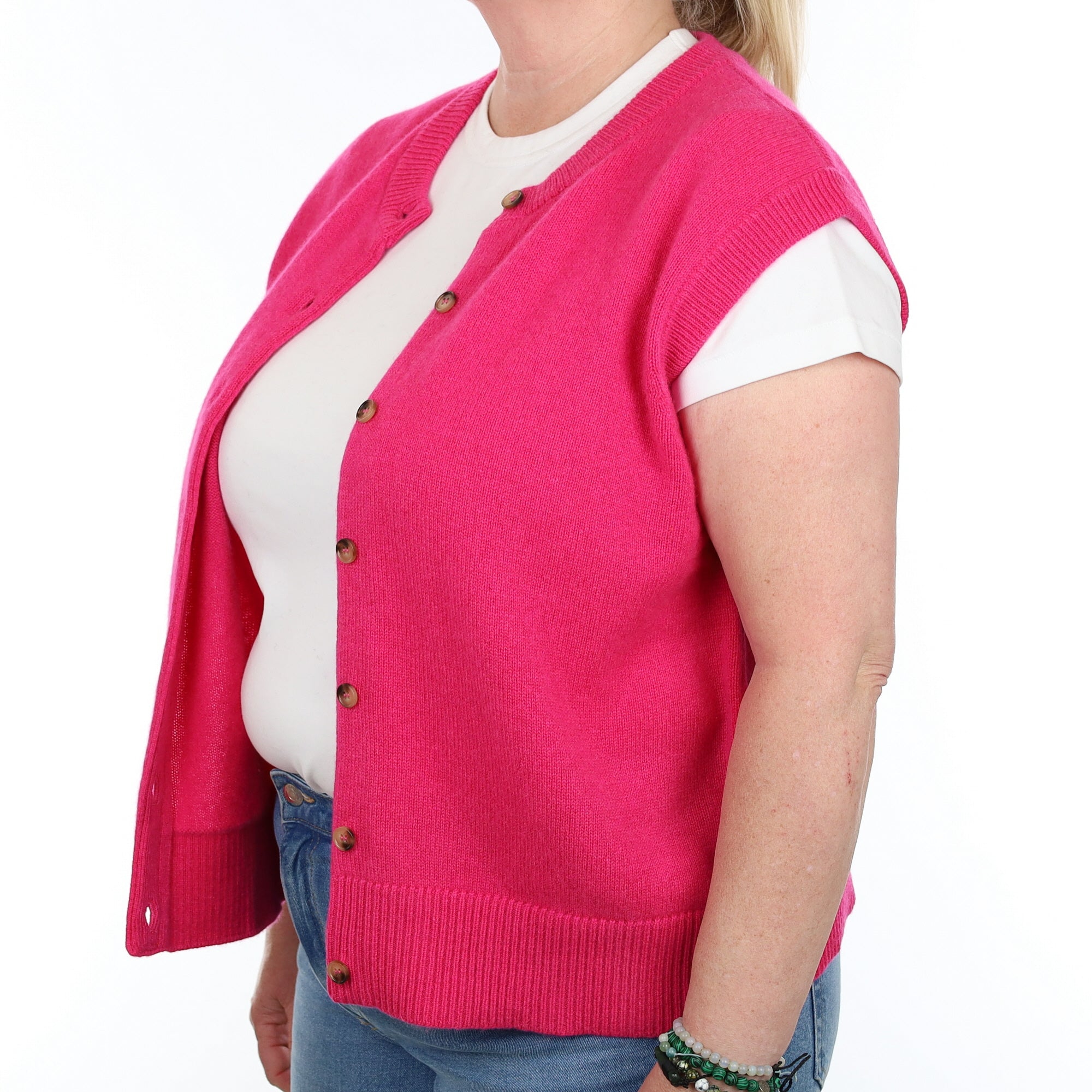 Brand New Hot Pink Luxury Cashmere Crew Neck Waistcoat Extra Large UK 20-22