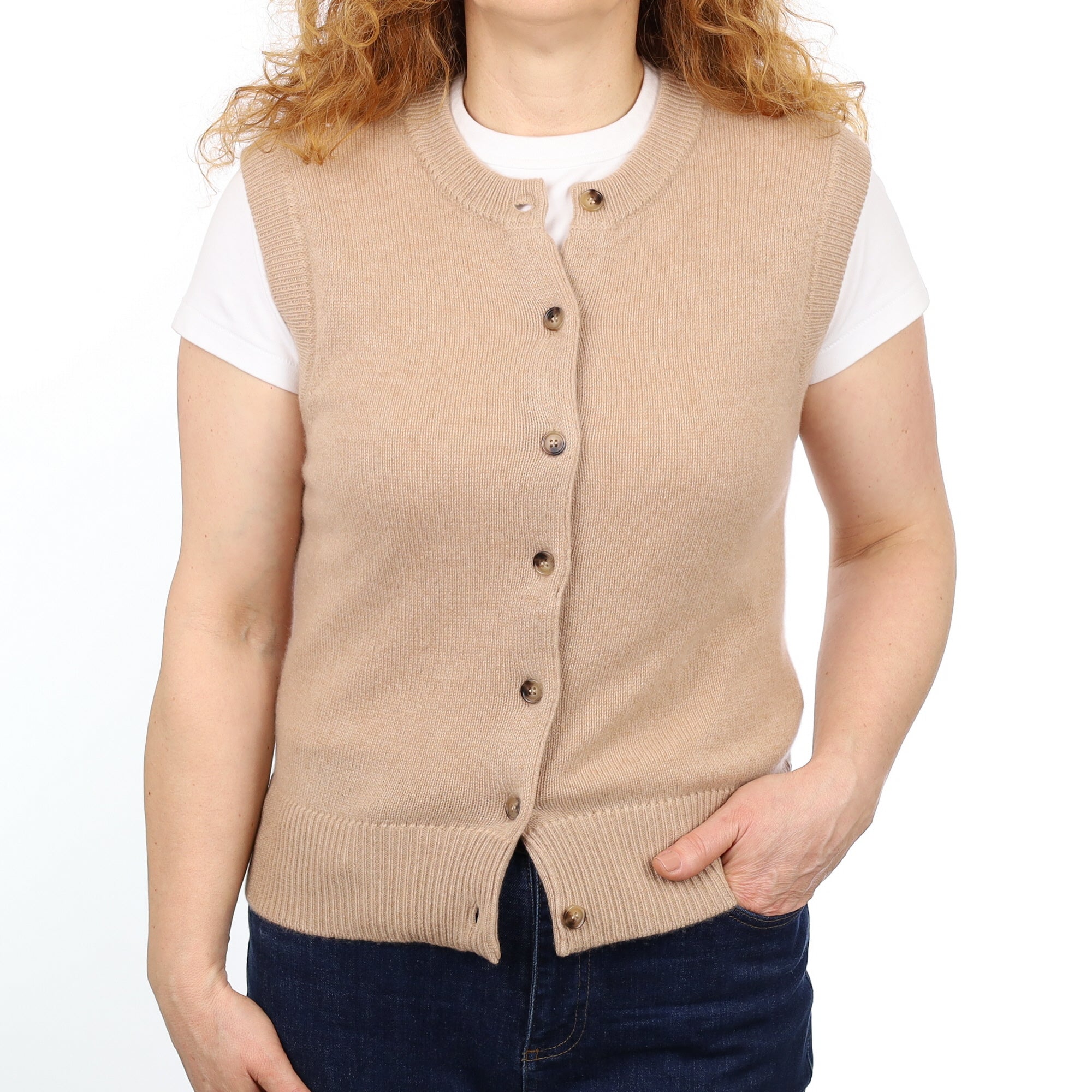 Brand New Caramel Luxury Cashmere Crew Neck Waistcoat Medium UK 12-14