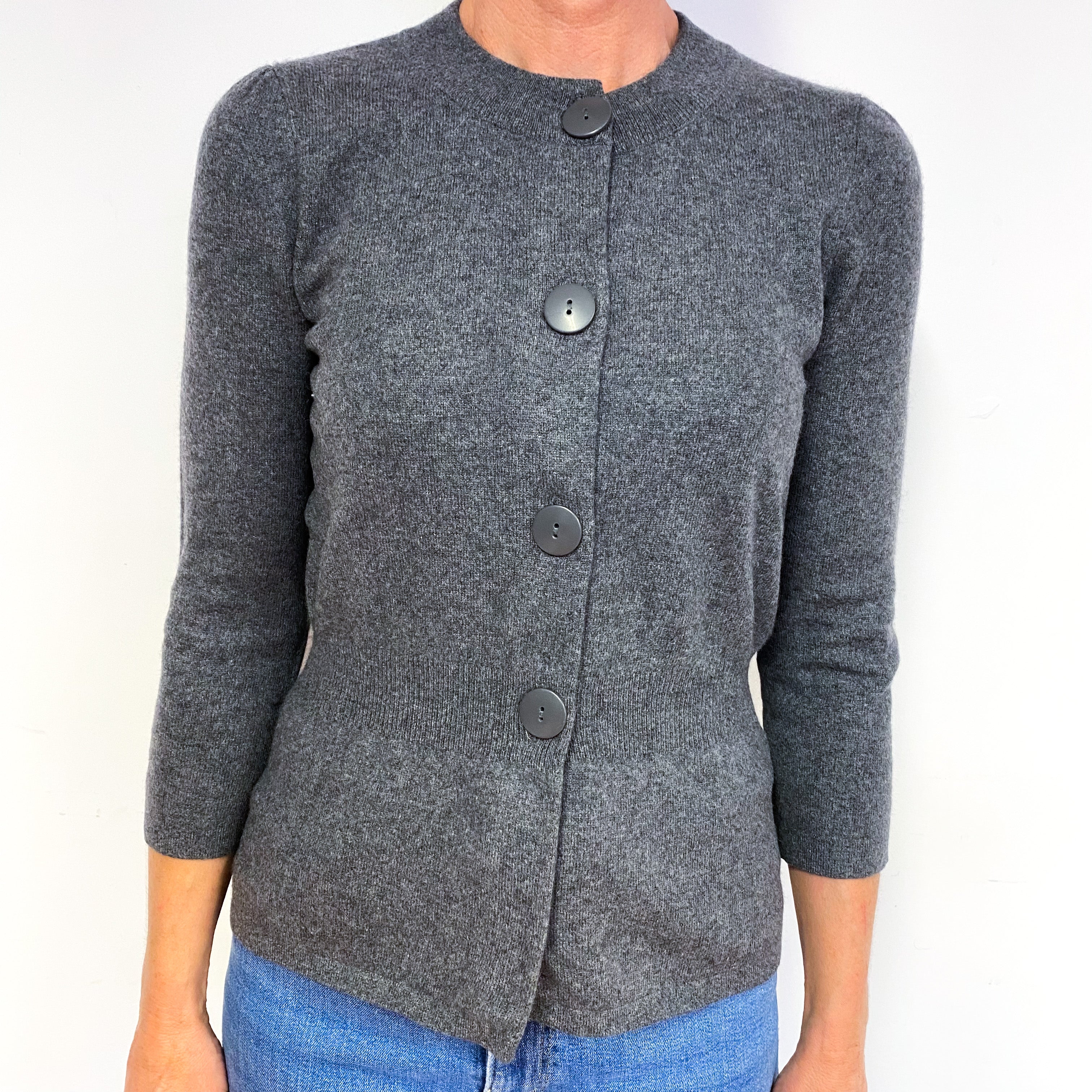 Slate Grey 3/4 Sleeve Cashmere Crew Neck Cardigan Medium
