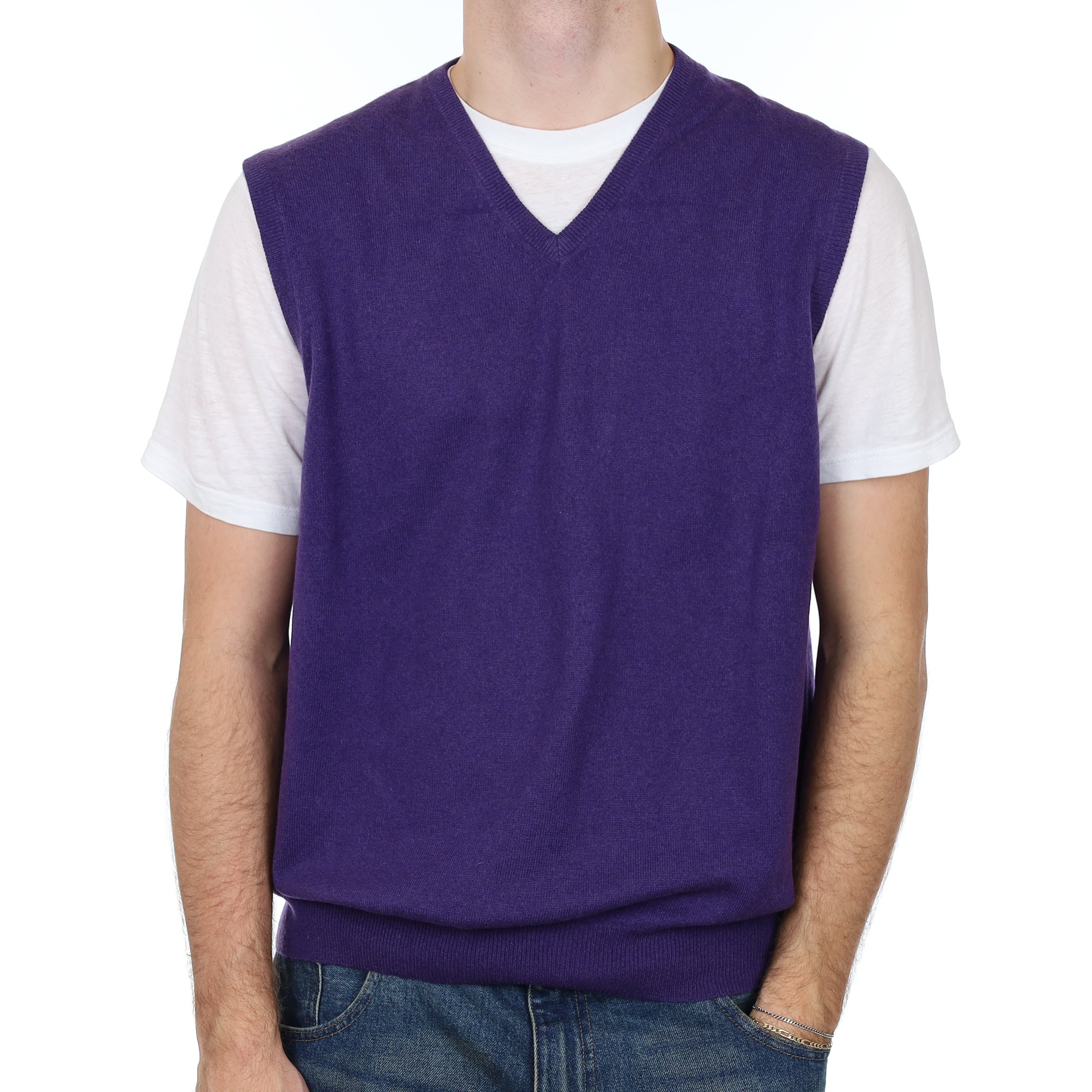 Men’s Deep Purple Cashmere V Neck Tank Top Large