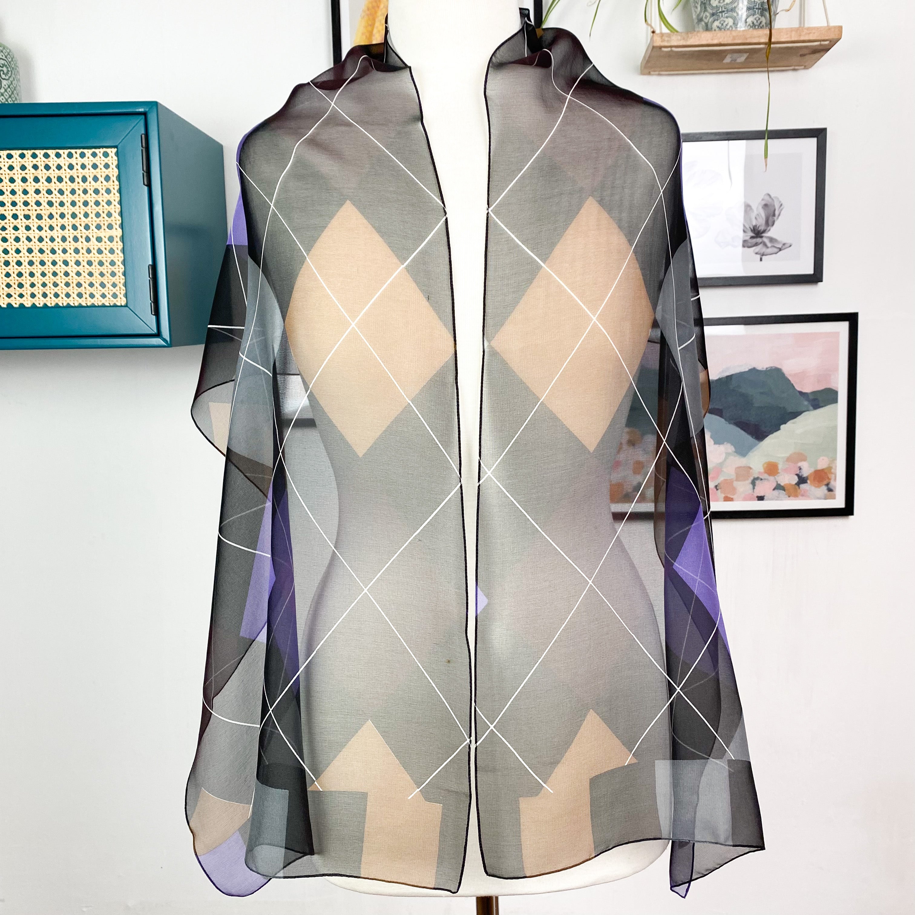 Long Diamond Pattern Chiffon Silk Scarf