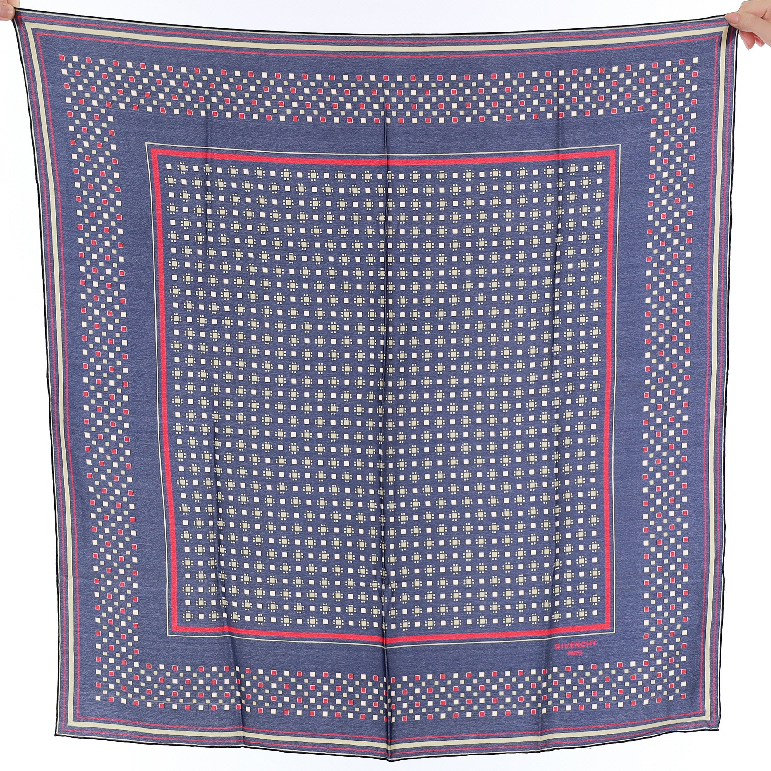 Givenchy Navy Square Patterned Vintage Silk Scarf