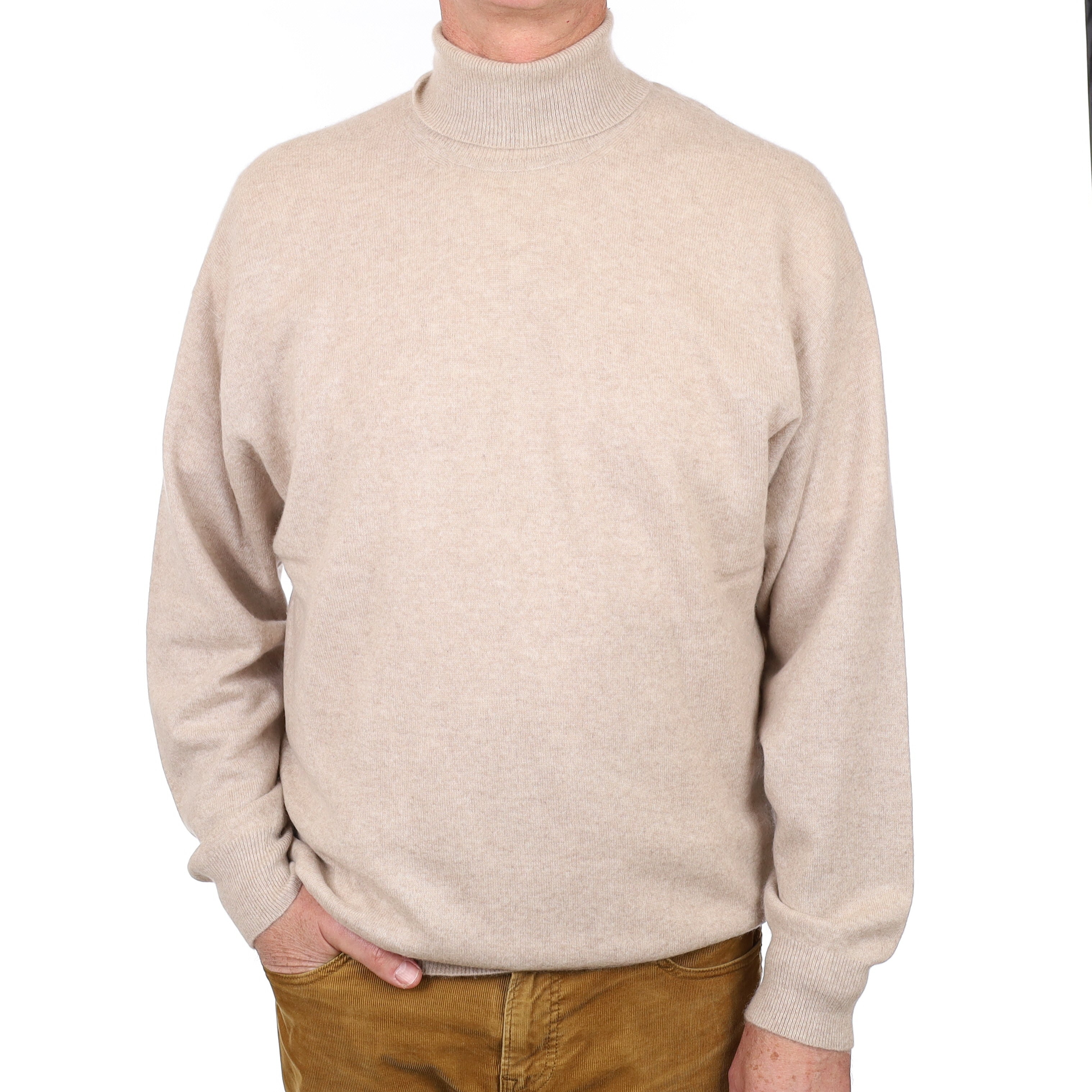 Men’s Oatmeal Cashmere Polo Neck Jumper Extra Large