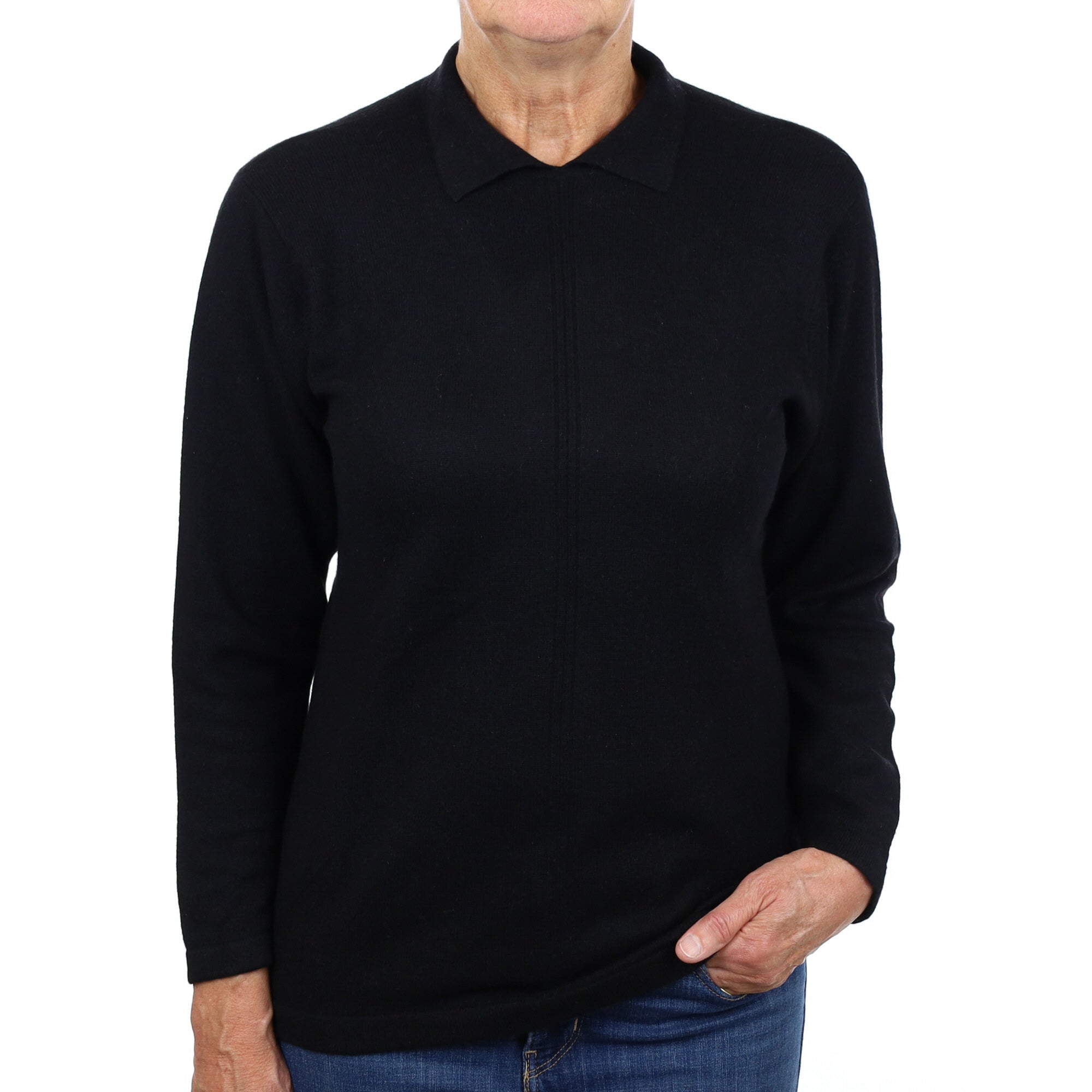 Black Cashmere Collared Crew Neck Jumper Medium