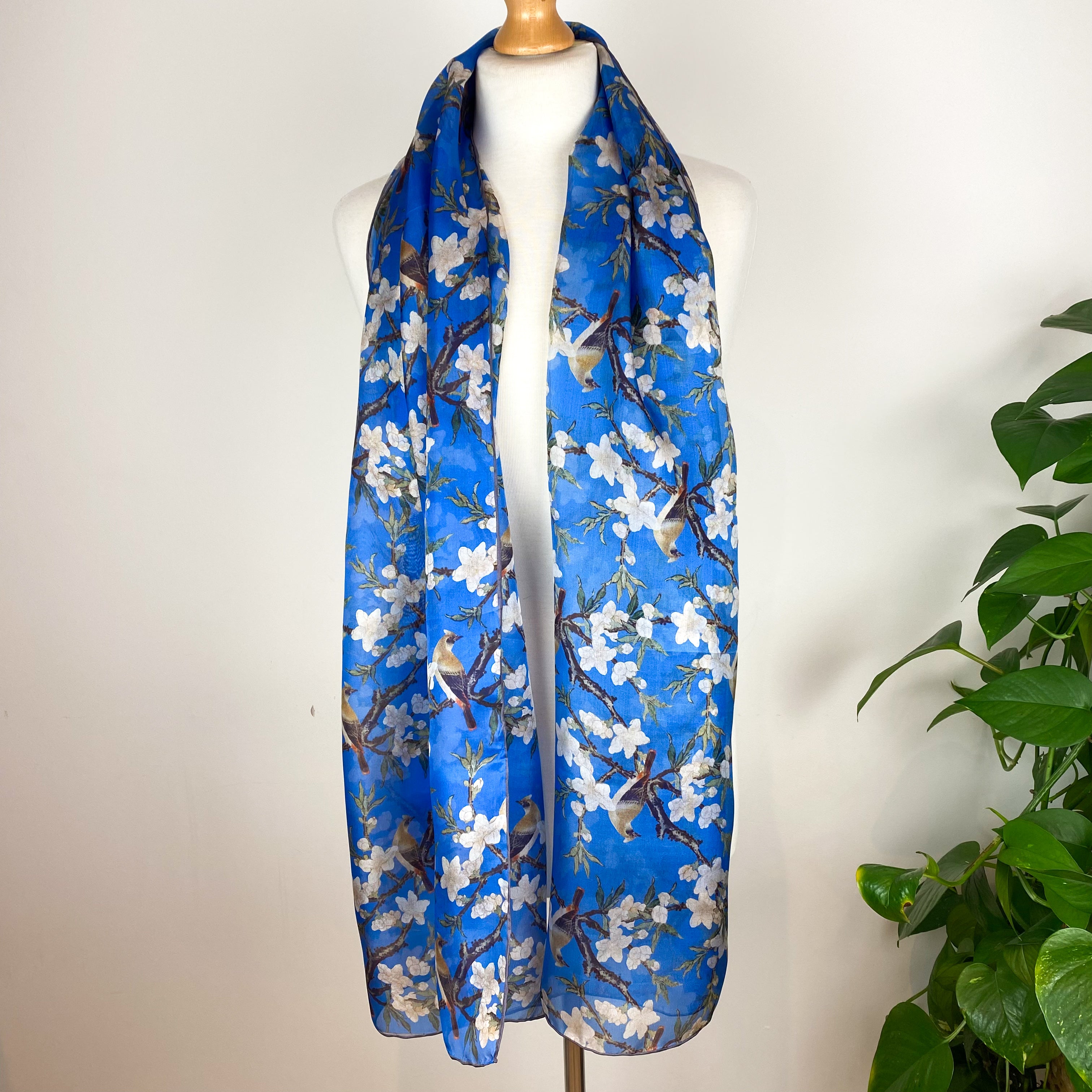 Blue Blossom Long Silk Scarf