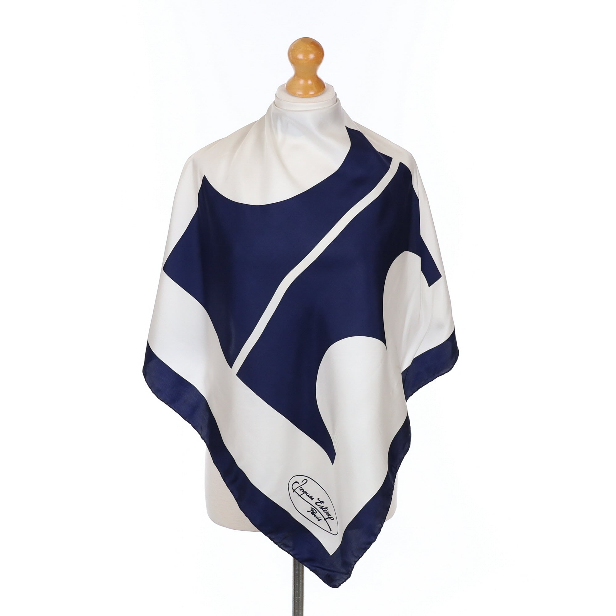 French Navy Blue and White Vintage Silk Scarf
