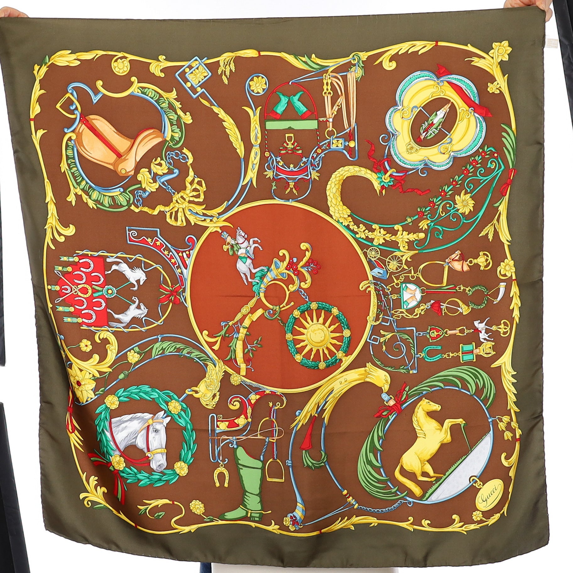 Brand New Gucci Equestrian Brown Silk Scarf
