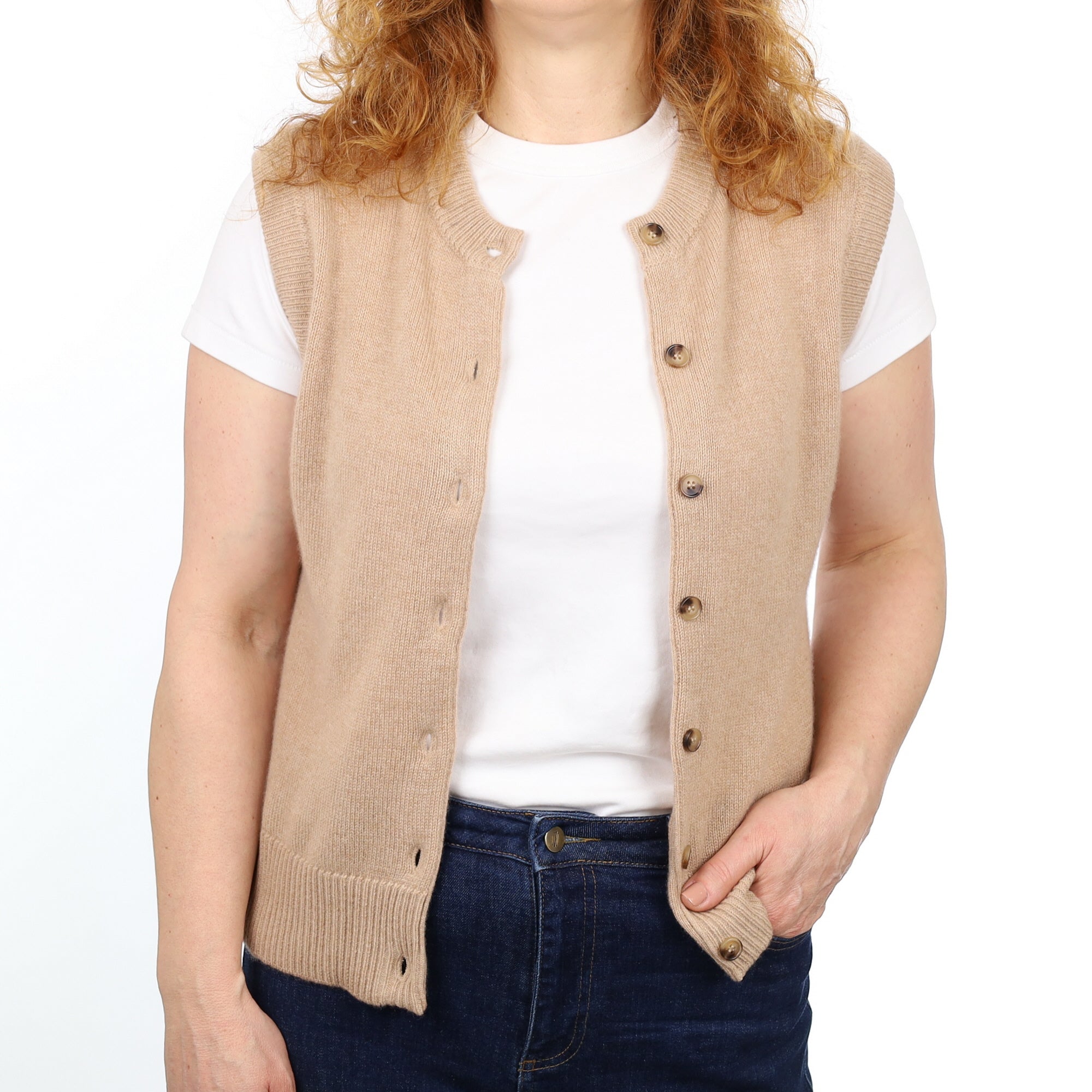 Brand New Caramel Luxury Cashmere Crew Neck Waistcoat Medium UK 12-14