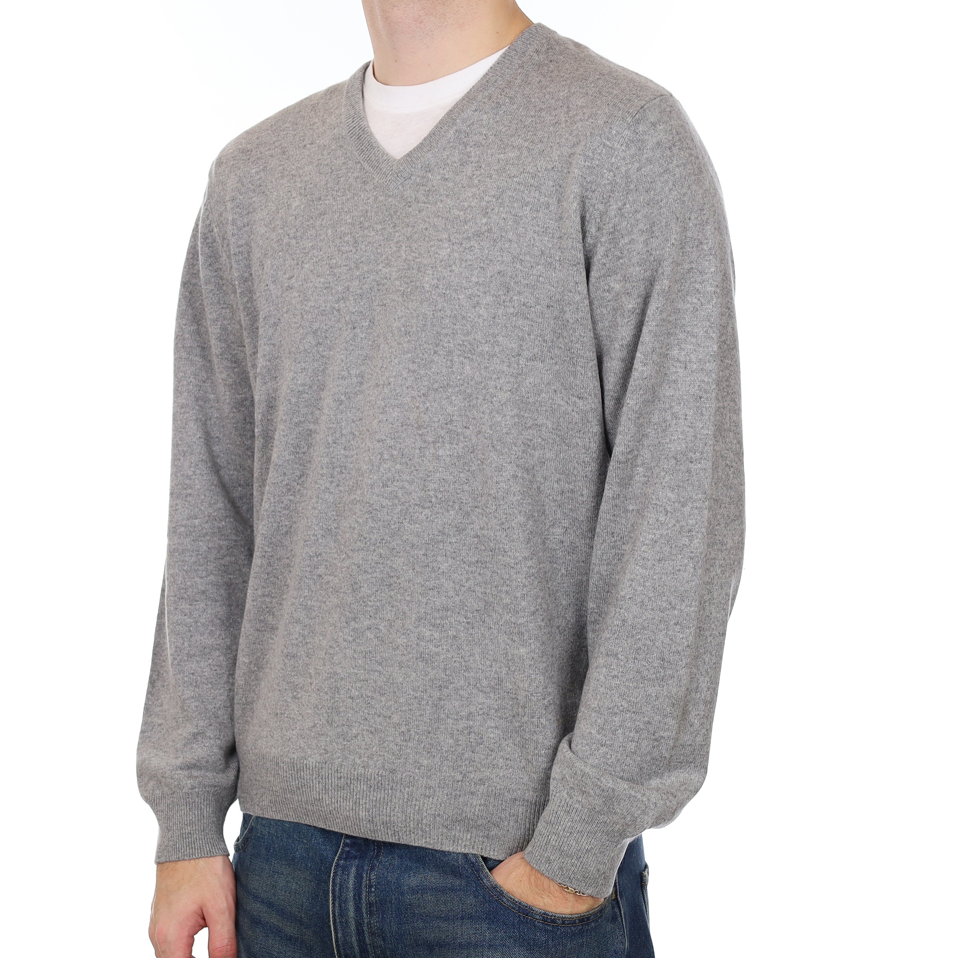 Men’s Ash Grey Cashmere V Neck Jumper Large
