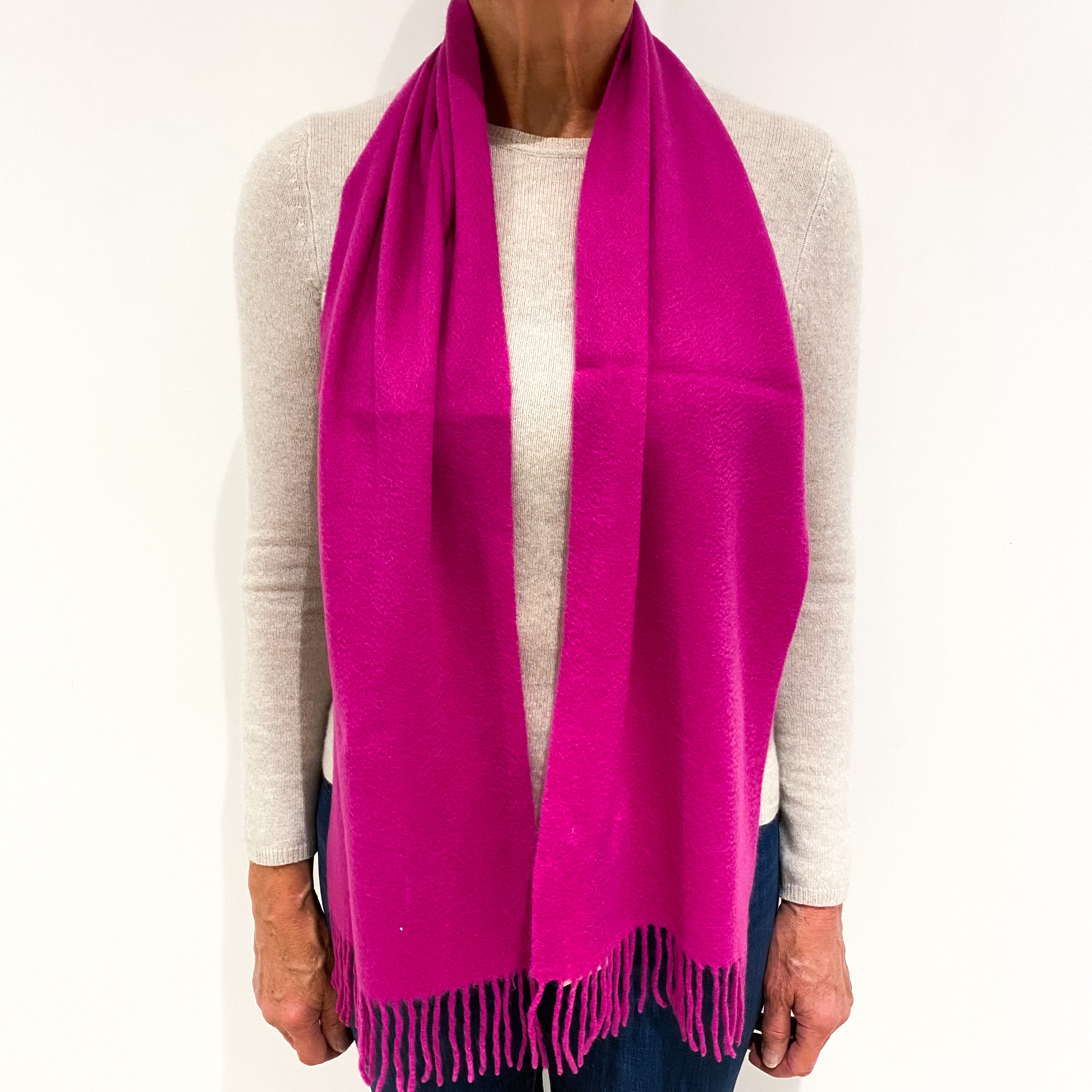 Fuchsia Pink Fringed Woven Cashmere Scarf