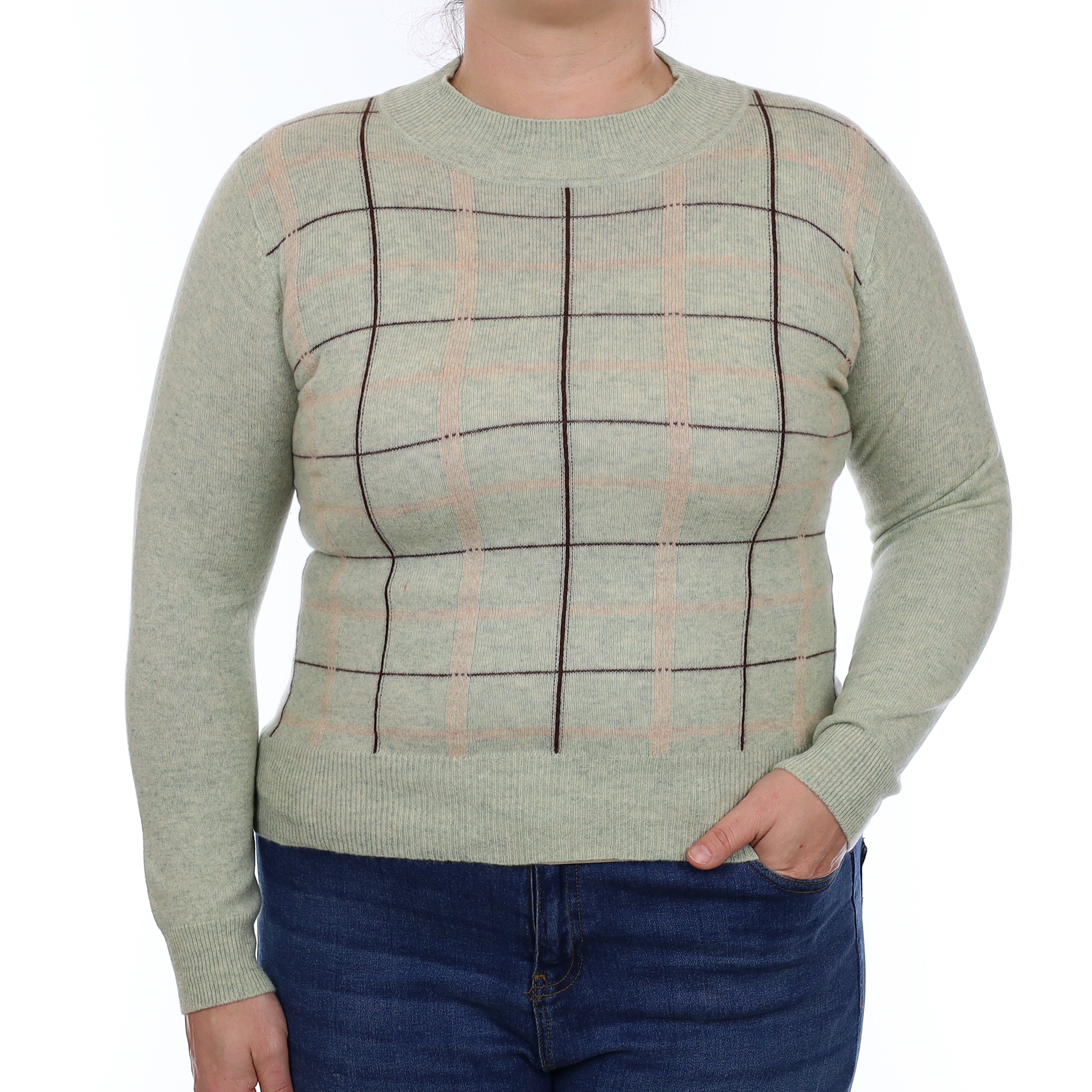 Mint Green Checked Cashmere Turtle Neck Jumper Large