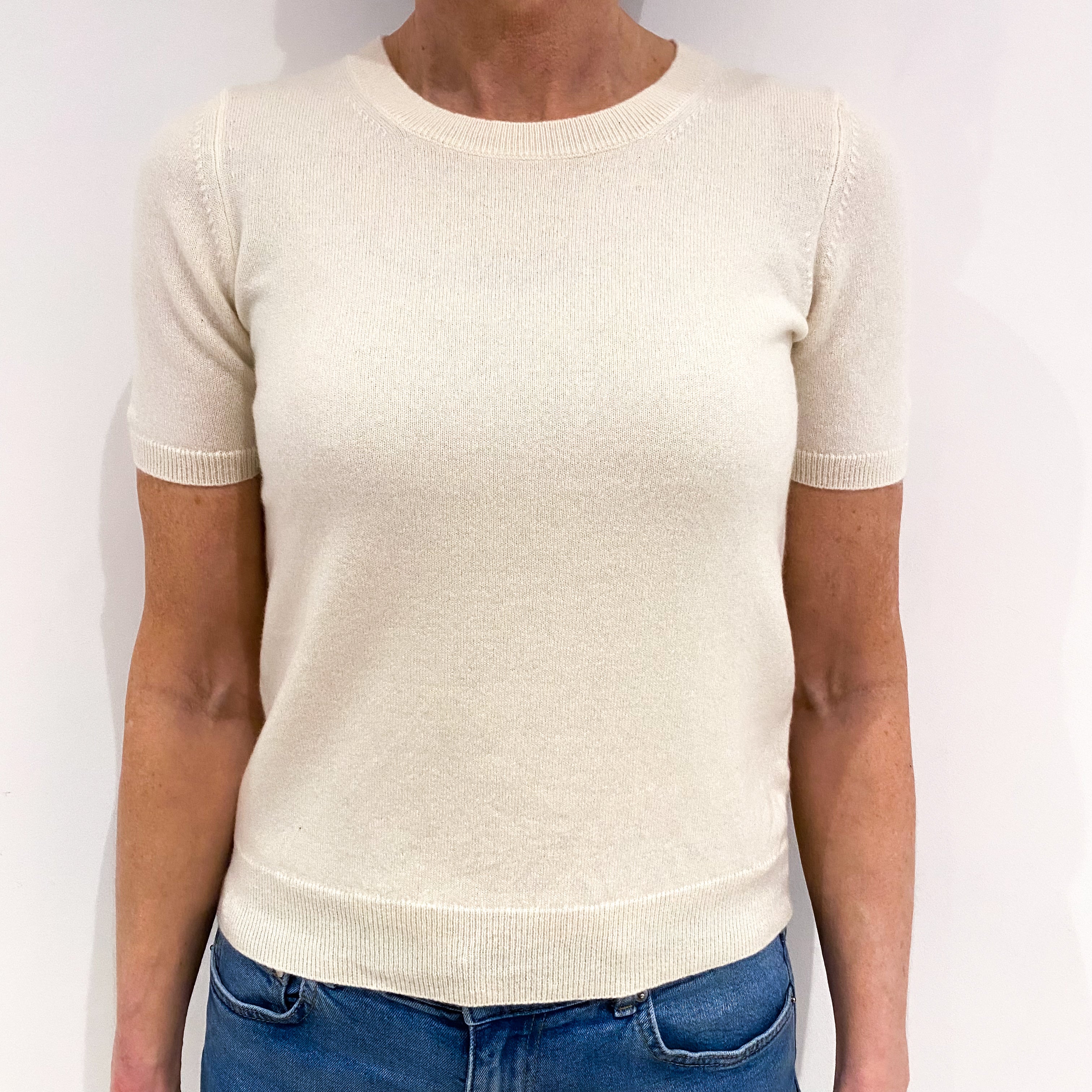 Vanilla Cream Short Sleeved Cashmere Polo Neck Jumper Small