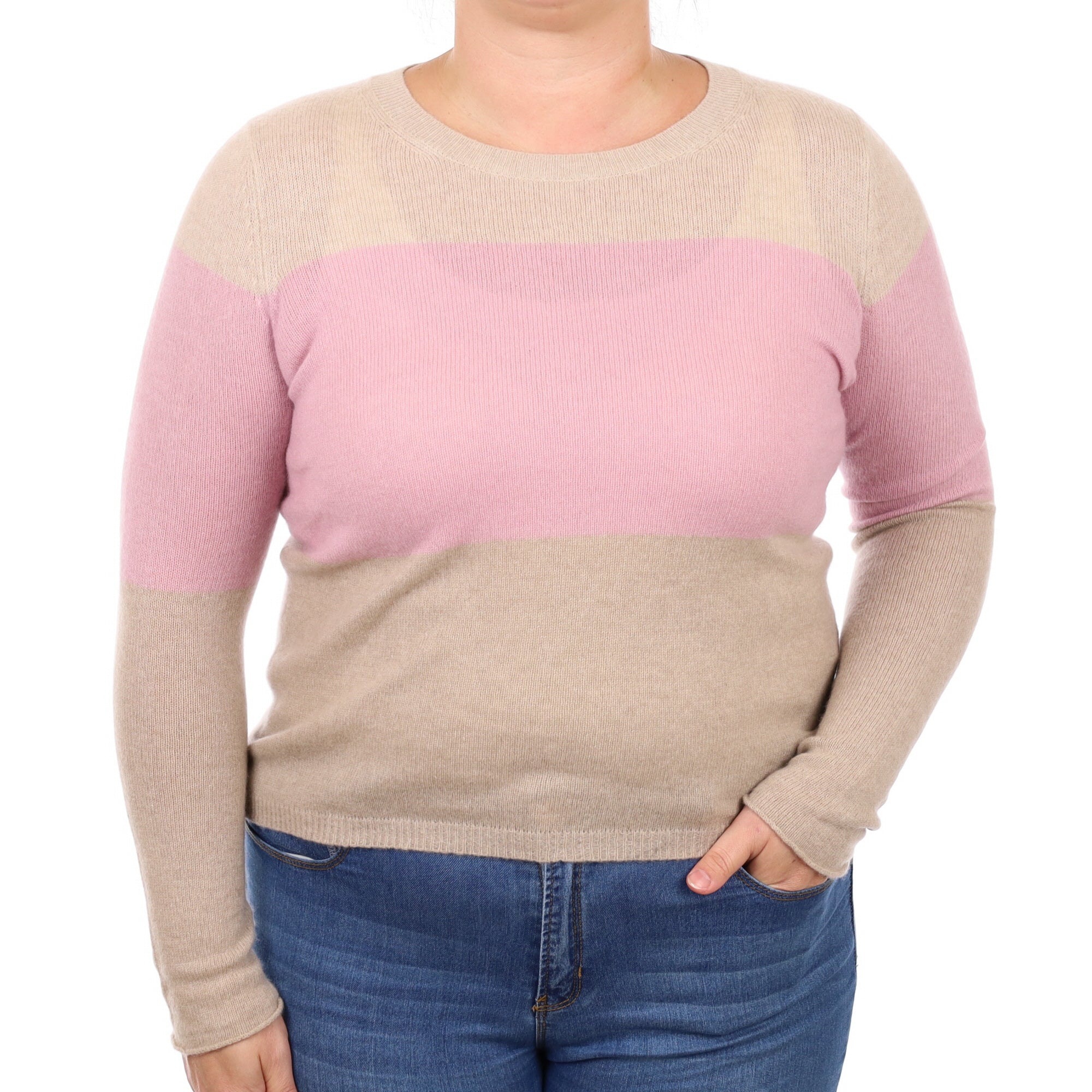 Beige and Pink Striped Cashmere Crew Neck Jumper Large