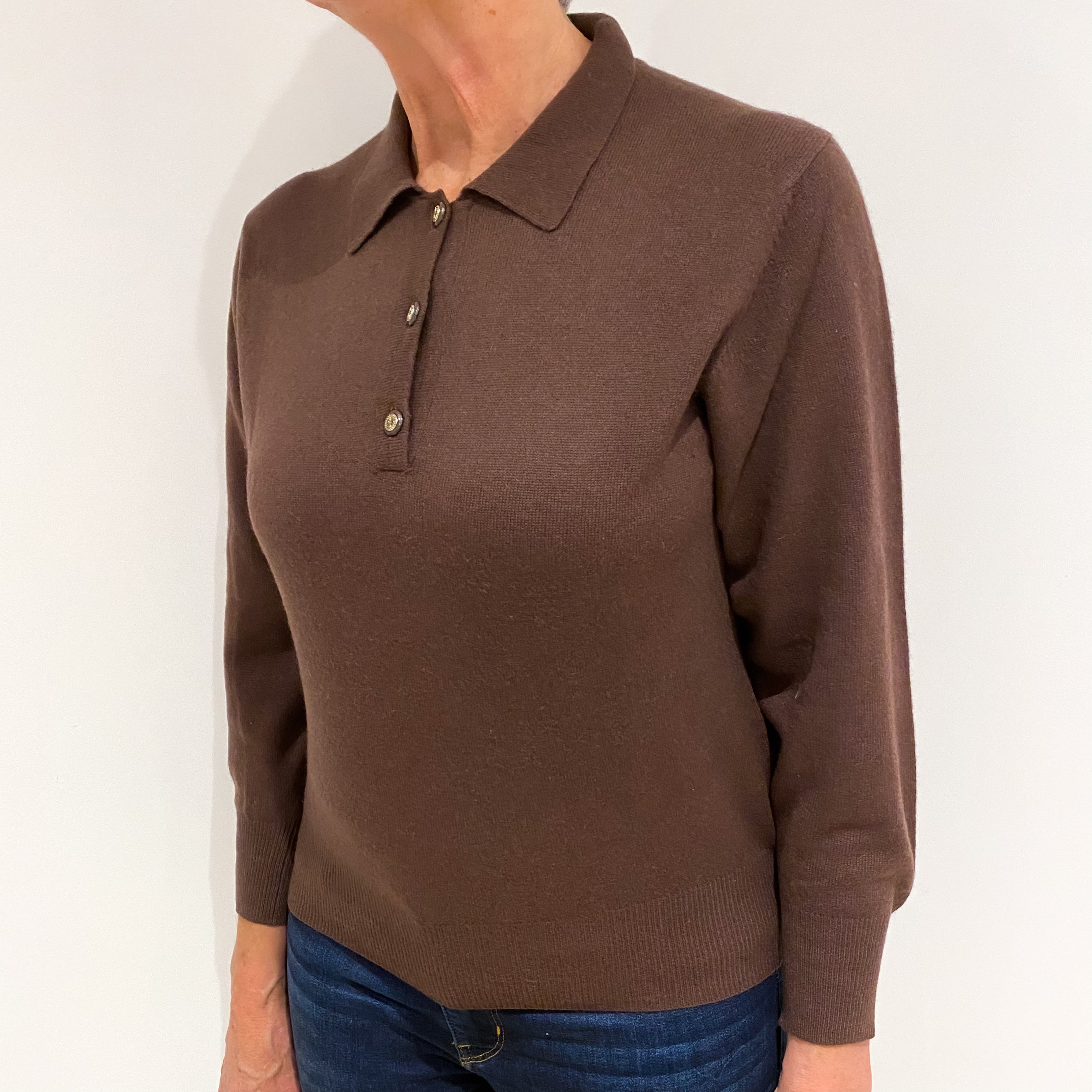 Pecan Brown Cashmere Collared 1/4 Button Jumper Medium