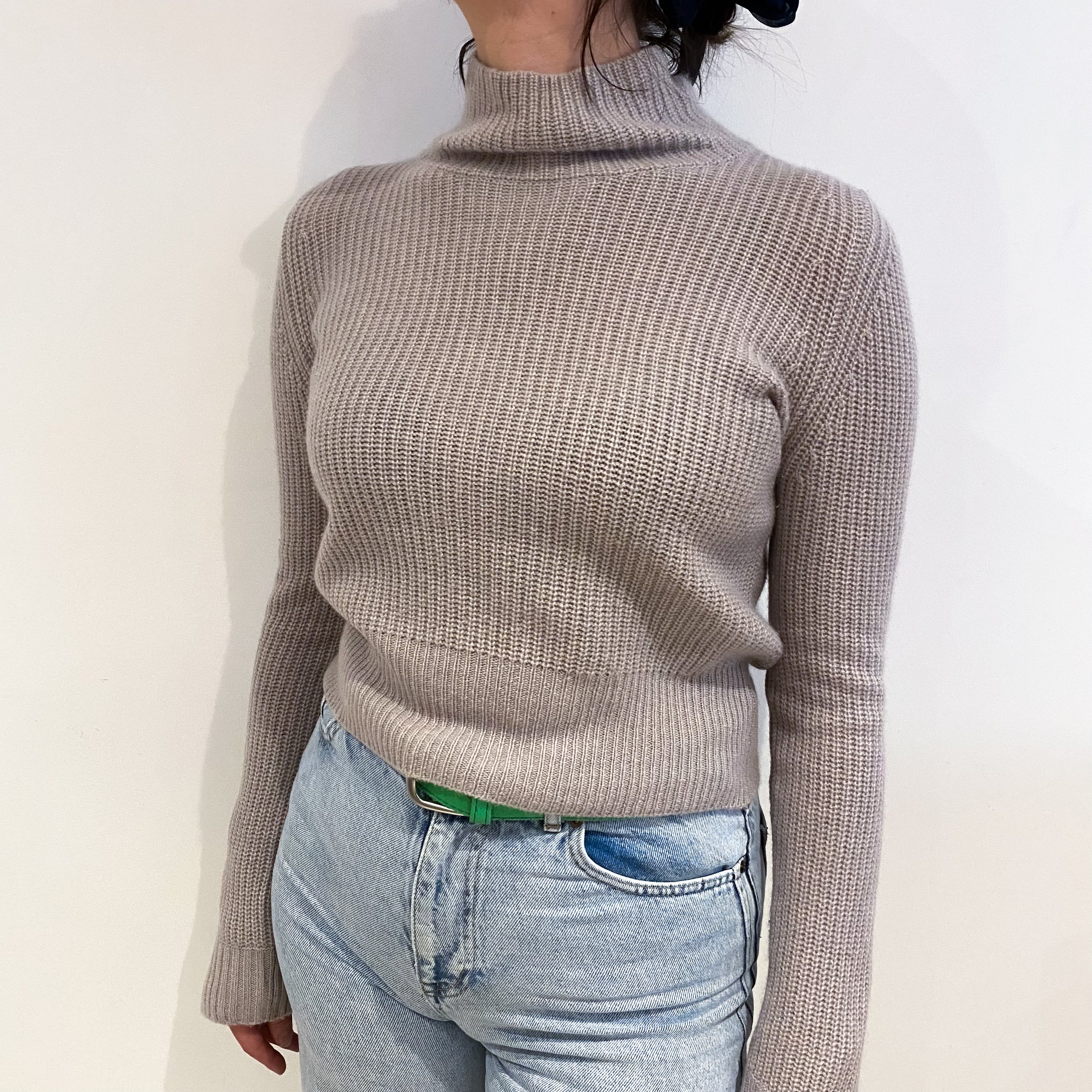 Dusty Grey Cashmere Funnel Neck Lace Up Back Jumper Small