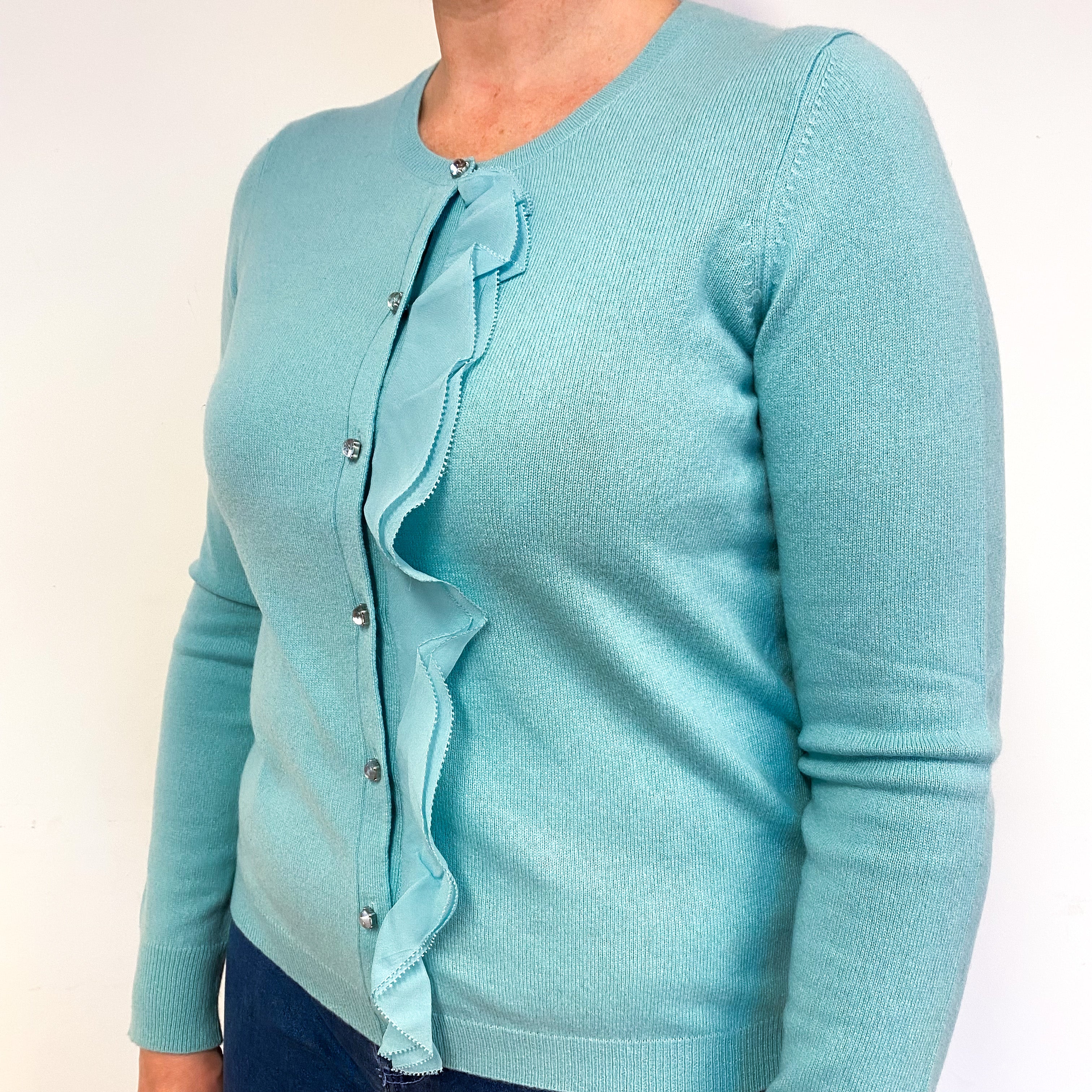 Deep Mint Green Frill Cashmere Crew Neck Cardigan Large