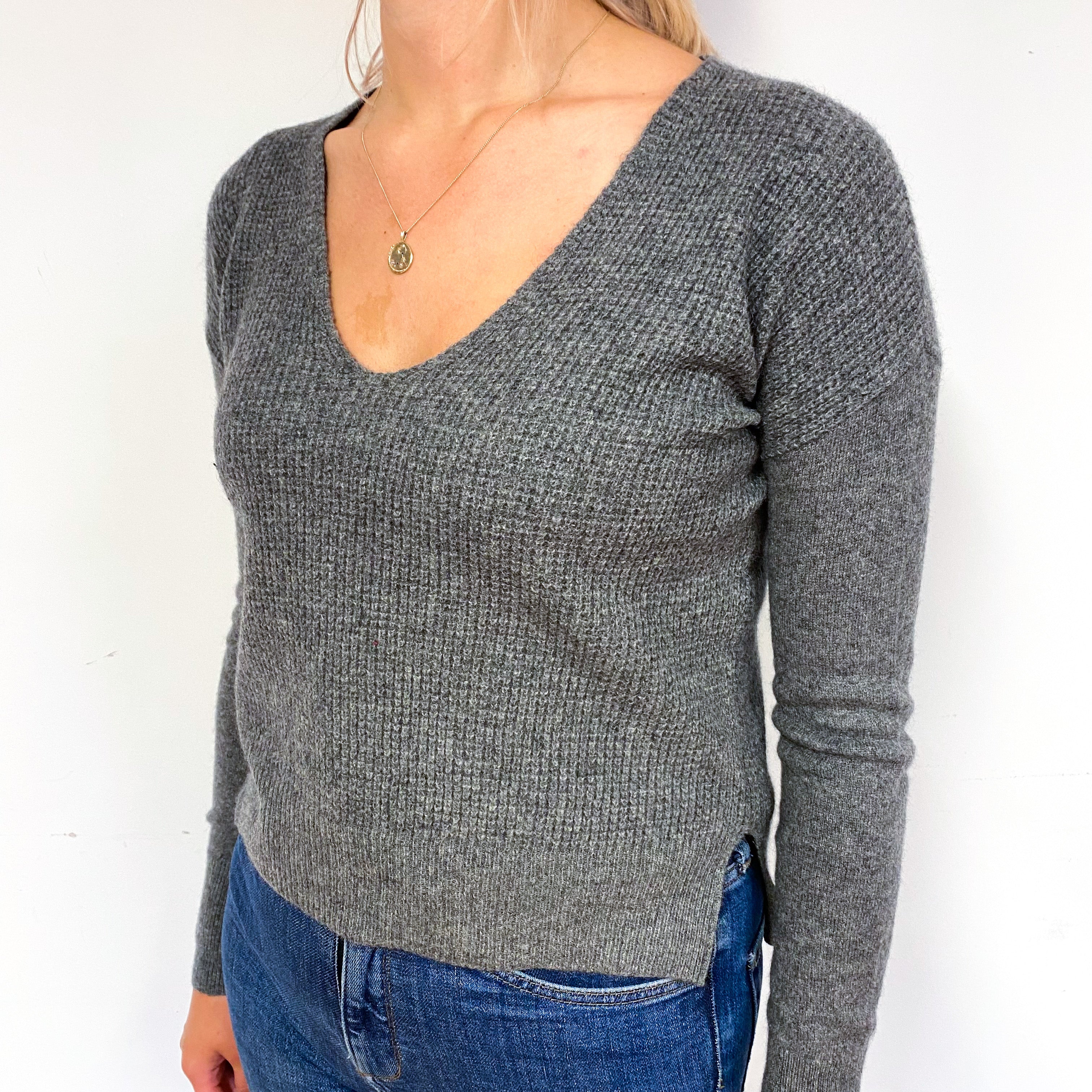 Slate Grey Waffle Knit Cashmere V-Neck Jumper Small