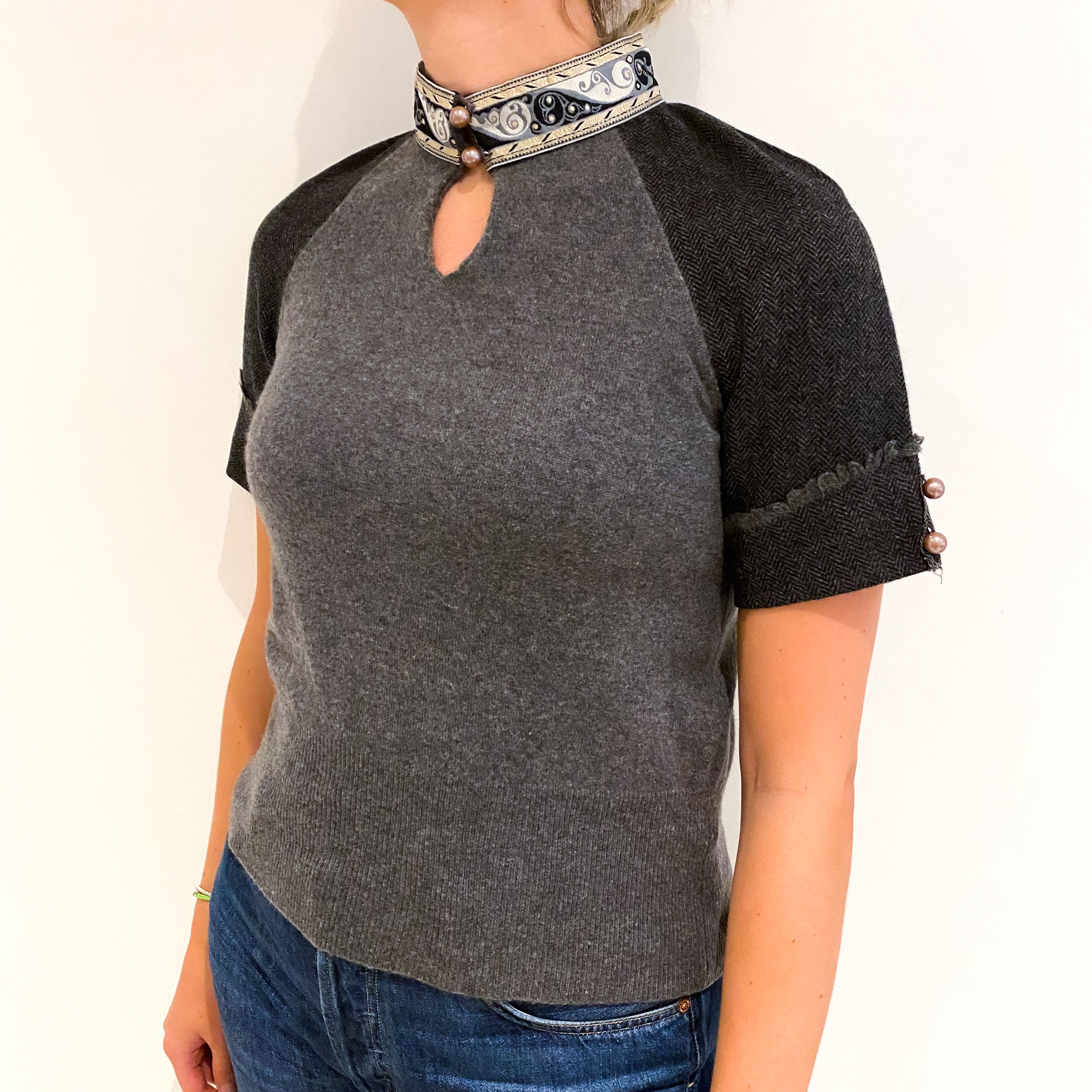 Slate Grey Cashmere Mandarin Collar Short Sleeved Jumper Small