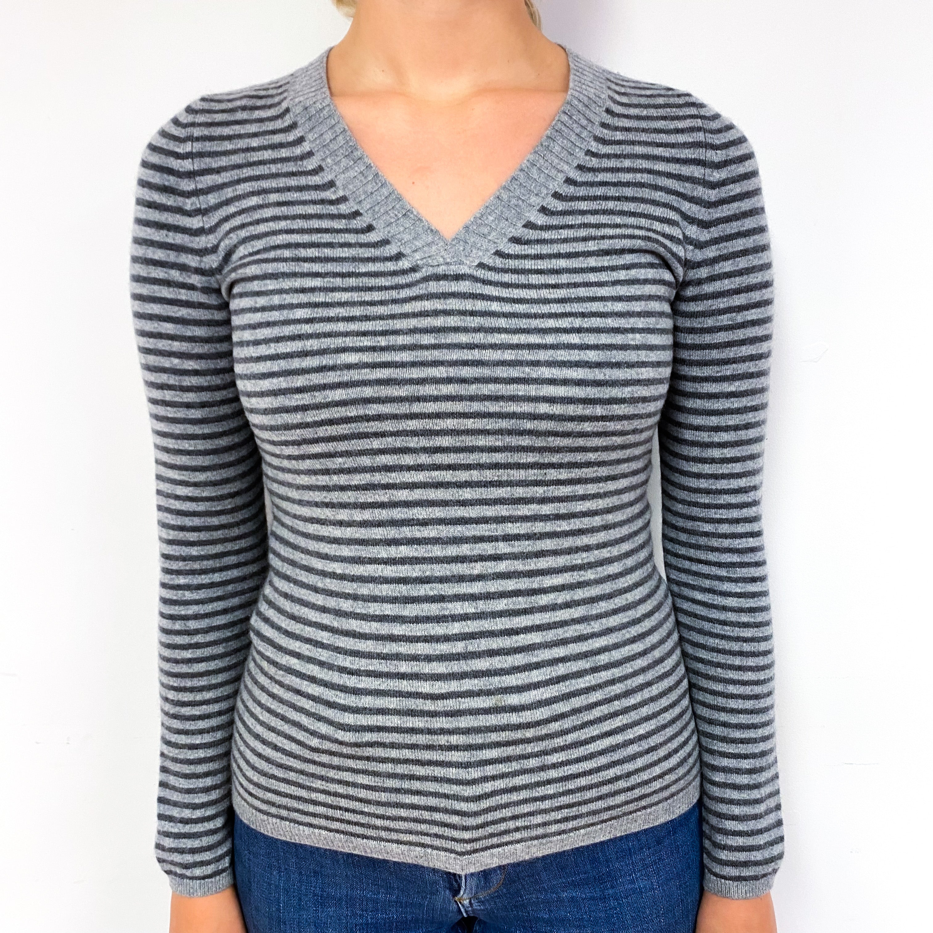 Grey Stripe Cashmere V-Neck Jumper Small