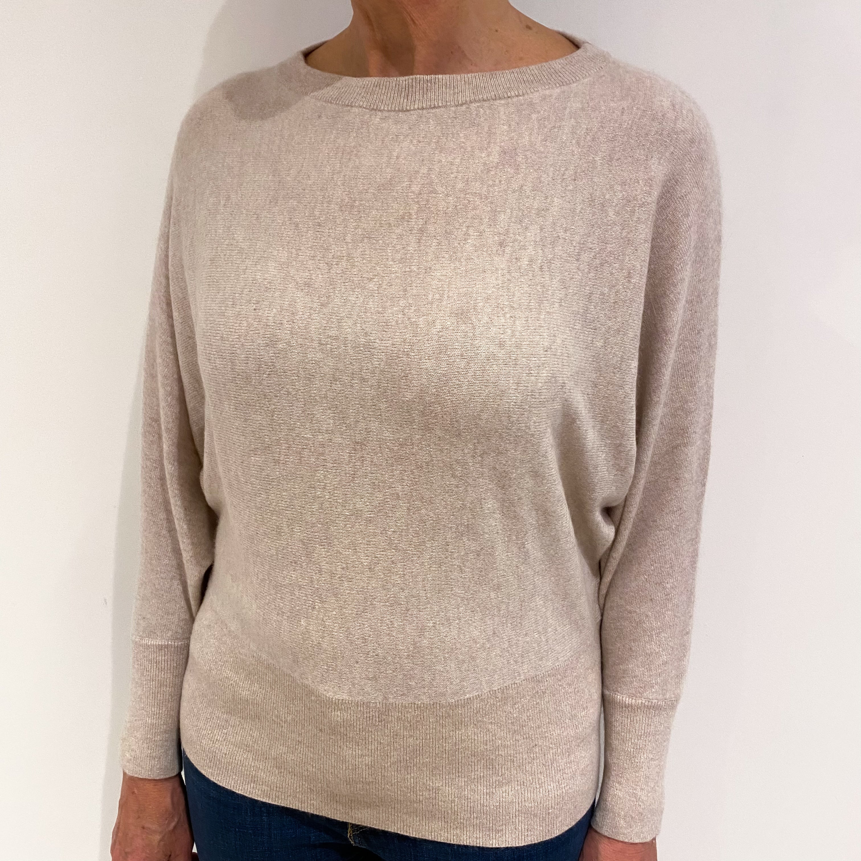 Oatmeal Beige Cashmere Wide Crew Neck Jumper Medium