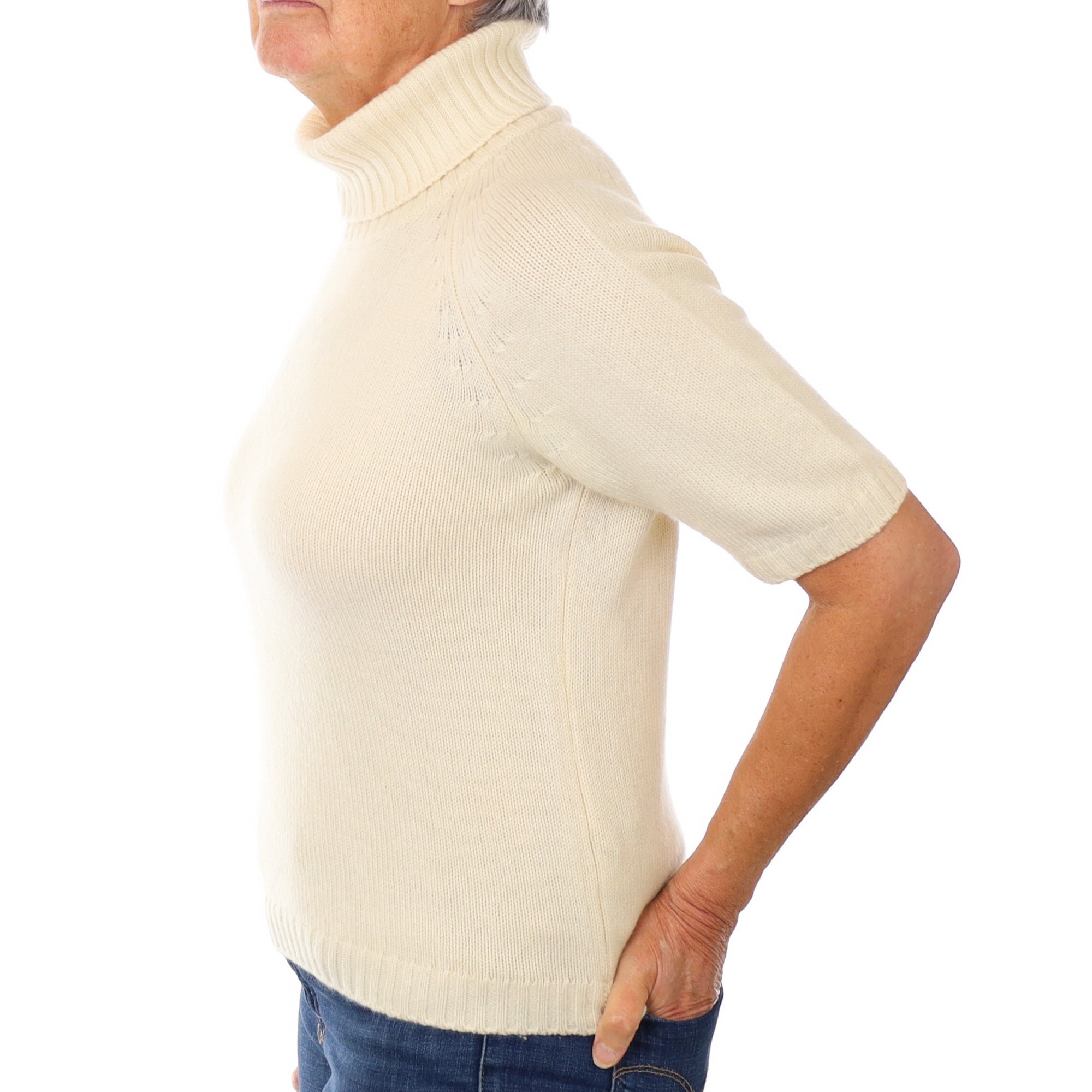 Vanilla Cream Cashmere Polo Neck Short Sleeved Jumper Medium
