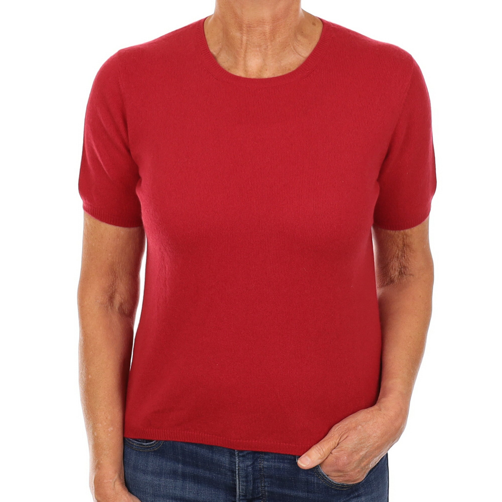 Berry Red Cashmere Short Sleeve Crew Neck Jumper Medium