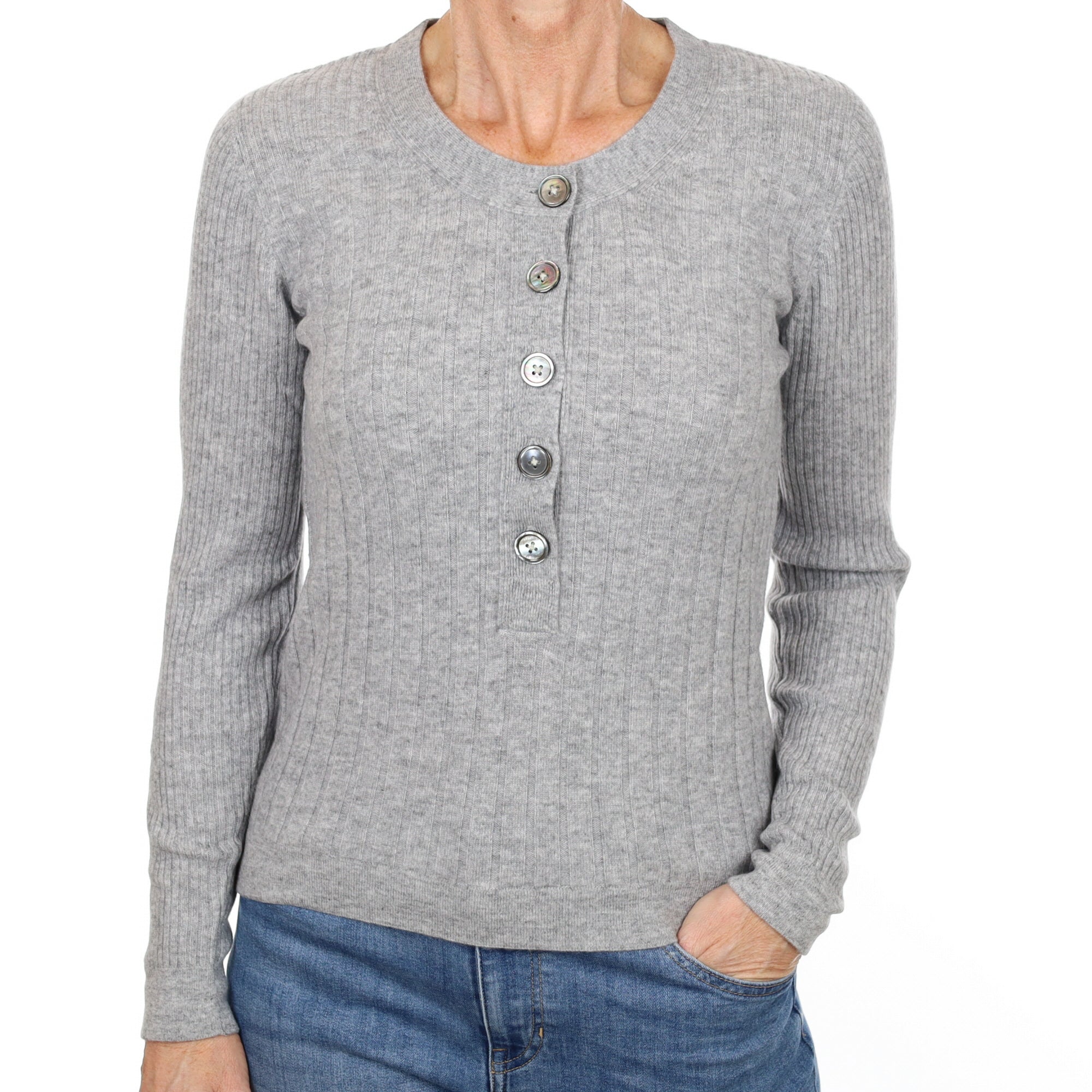 New Smoke Grey Cashmere 1/4 Button Crew Neck Small