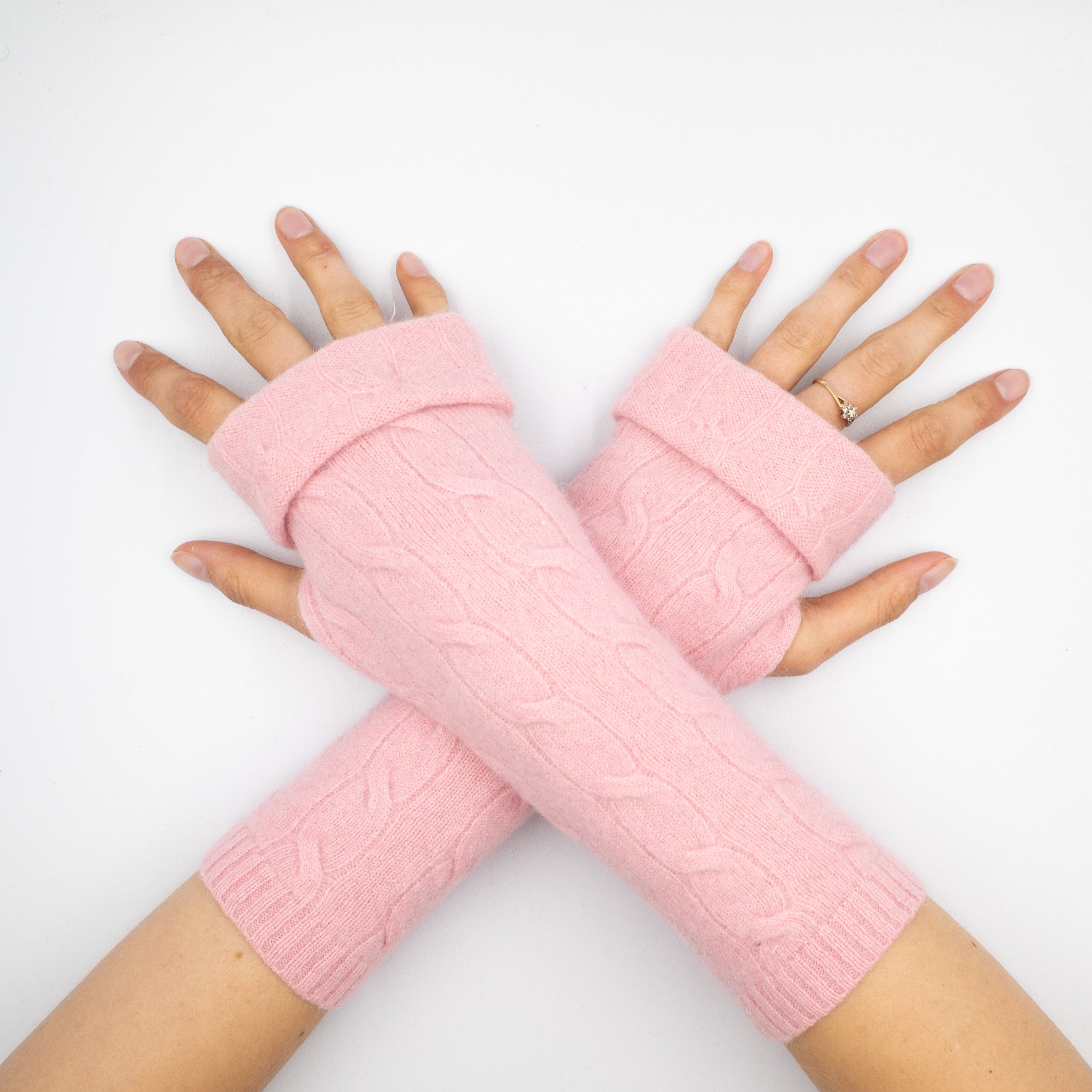 Carnation Pink Cable Fingerless Gloves