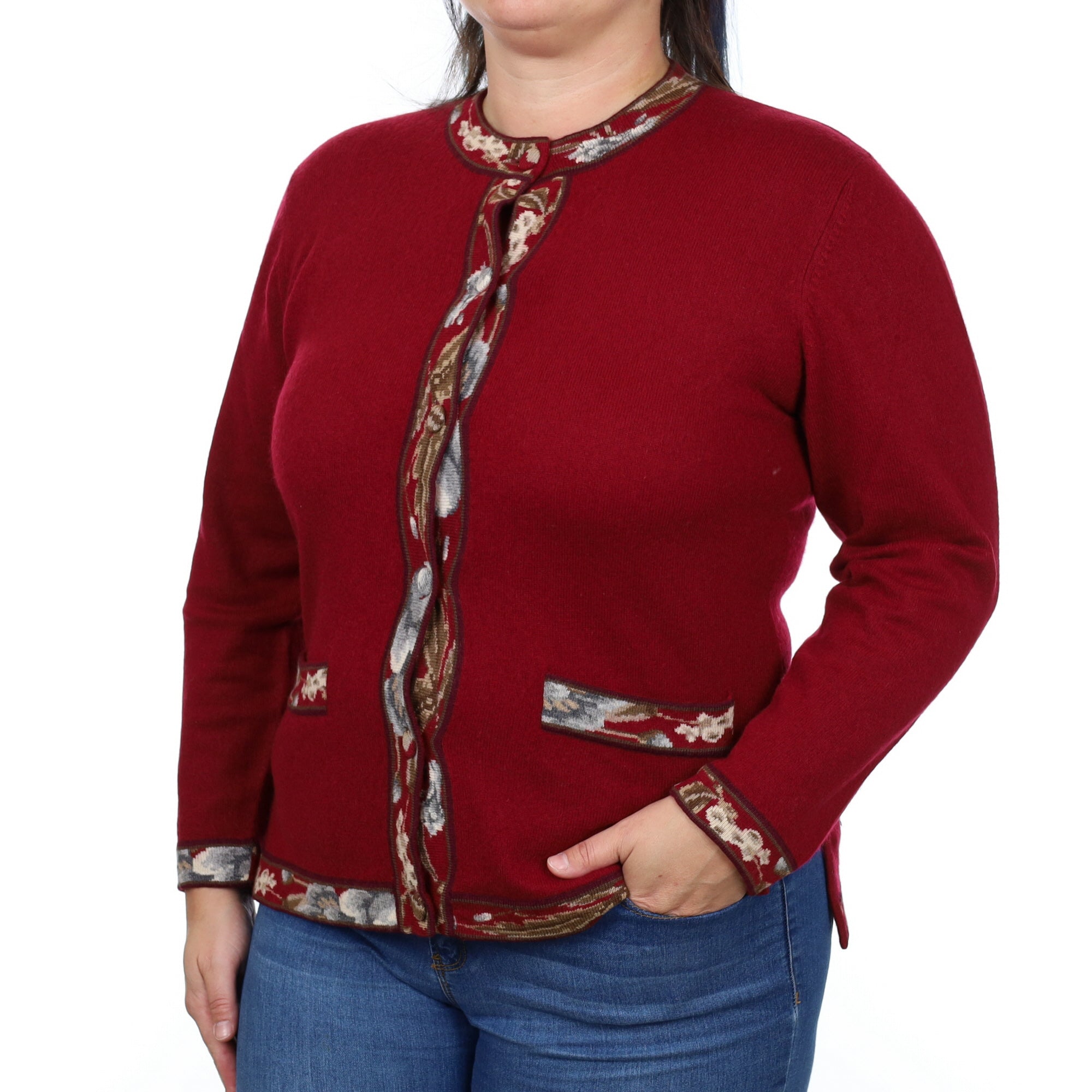 Burgundy Red Cashmere Crew Neck Cardigan Large
