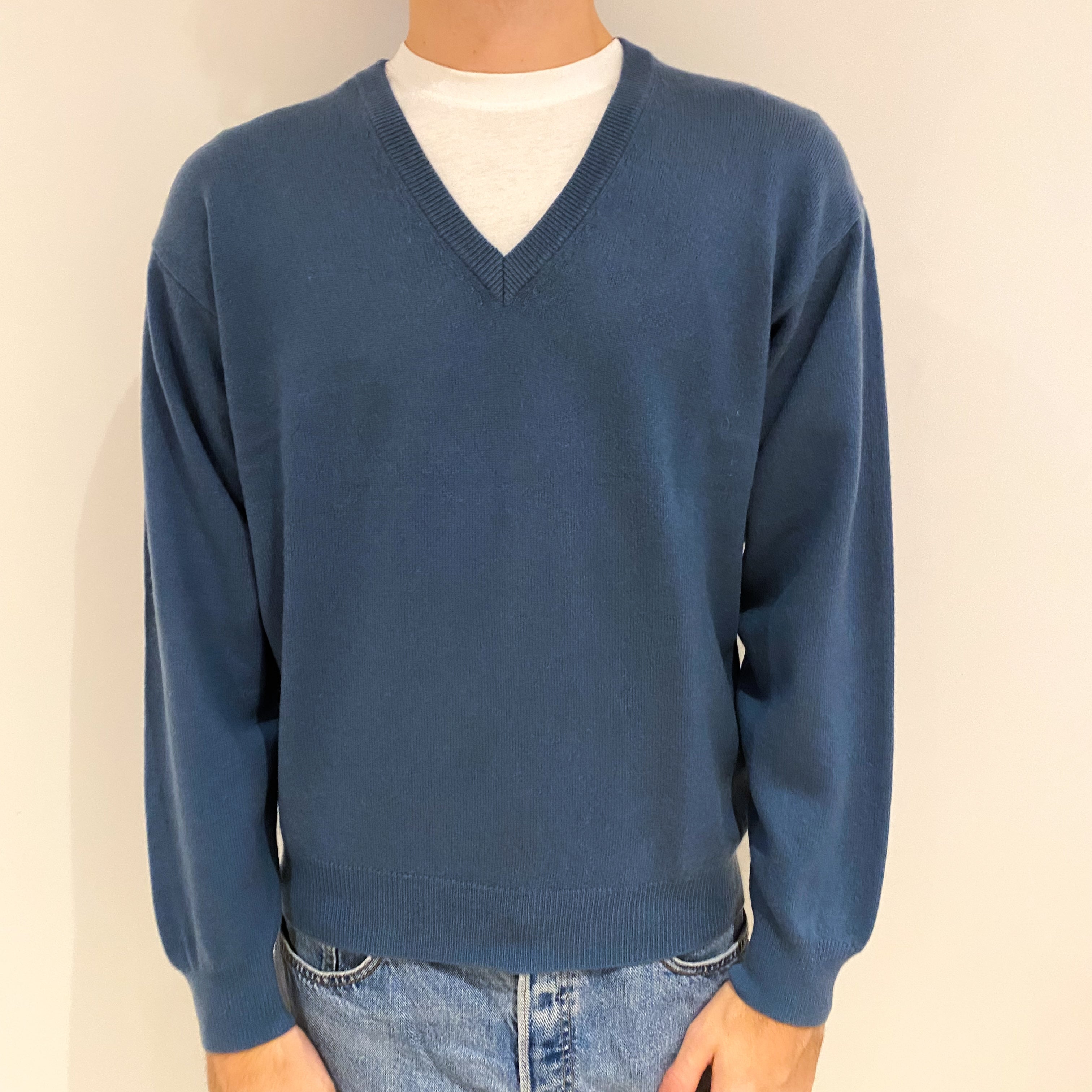 Men's Denim Blue Cashmere V Neck Jumper Large