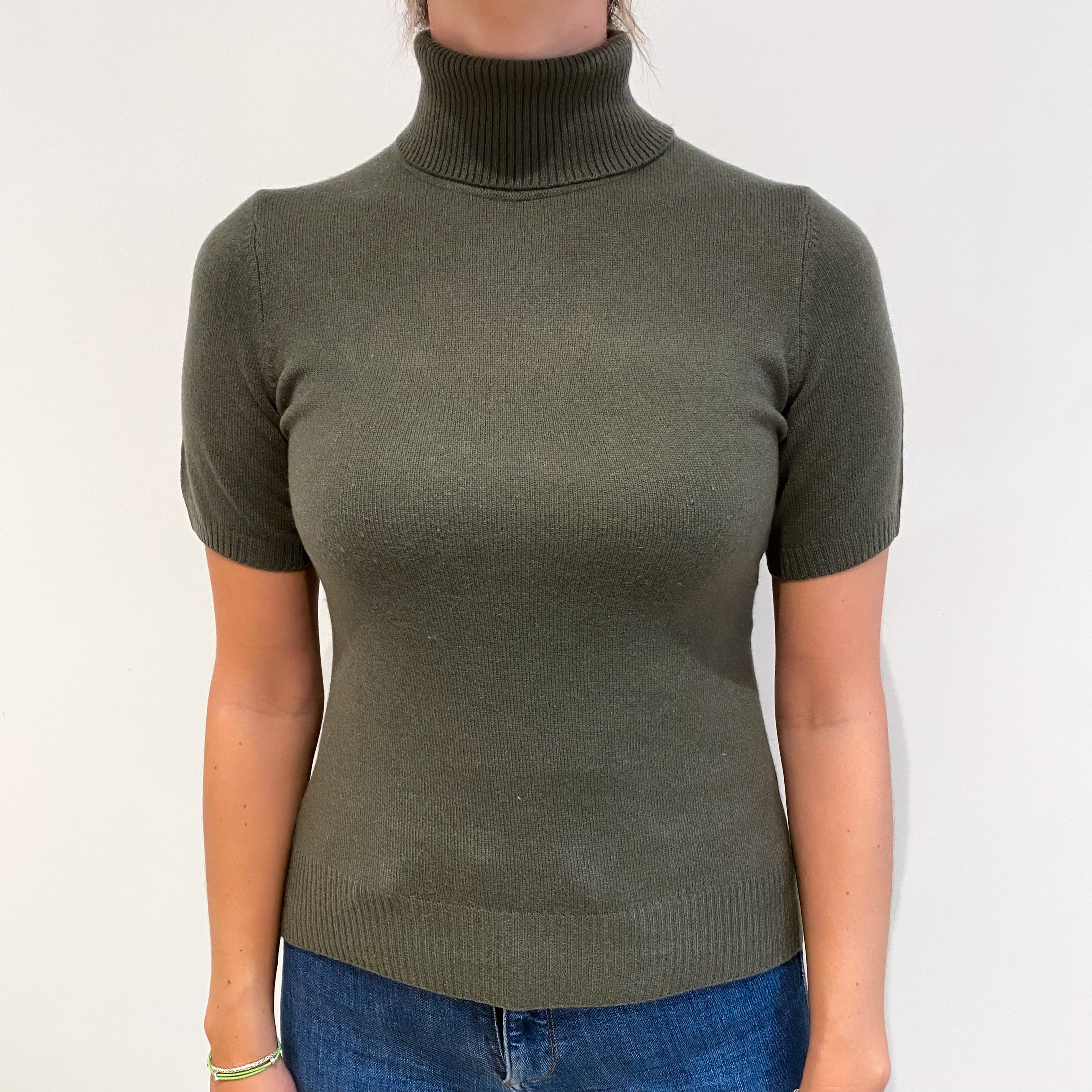 Khaki Green Cashmere Polo Neck Short Sleeved Jumper Small