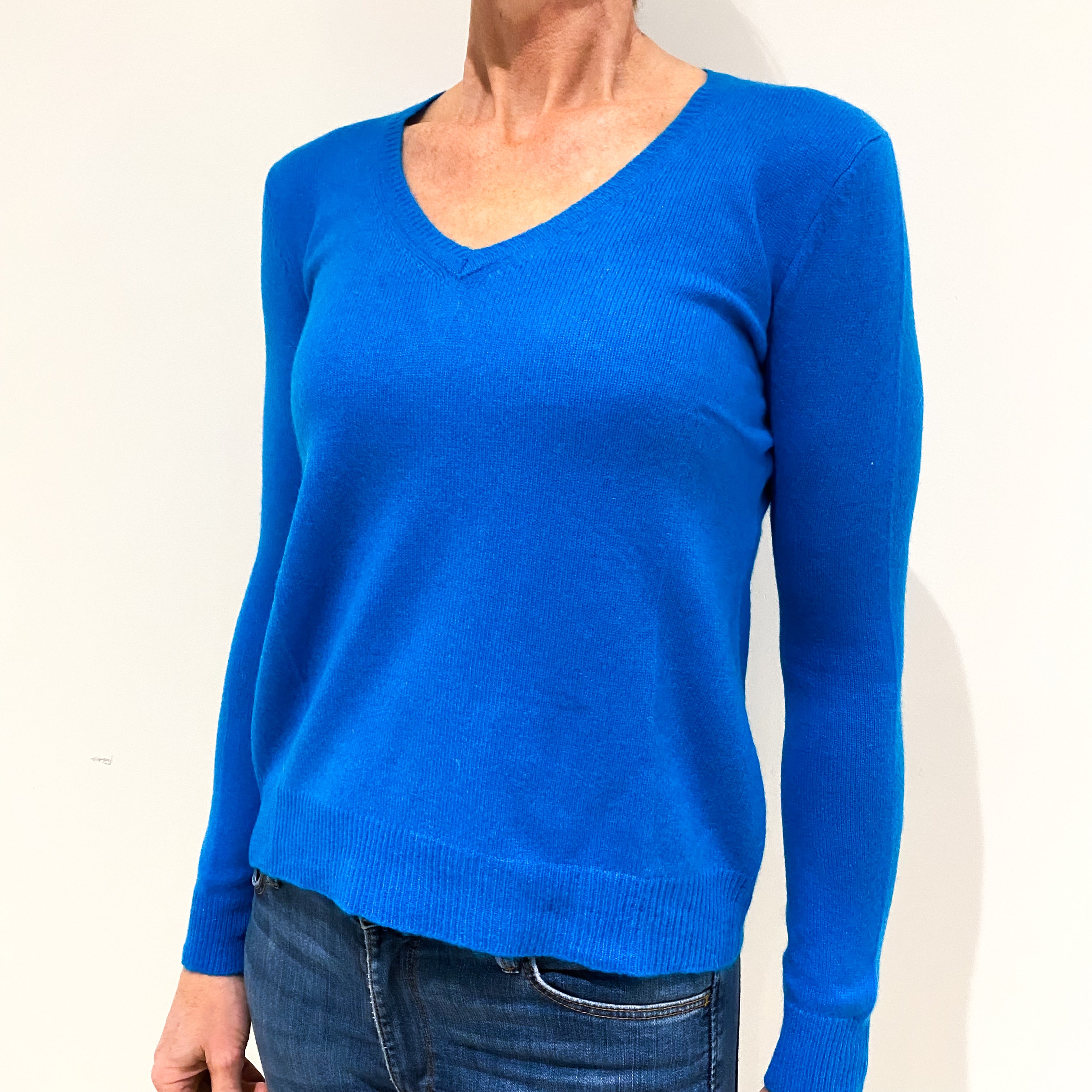 Bright Turquoise Blue Cashmere V-Neck Jumper Small Petite
